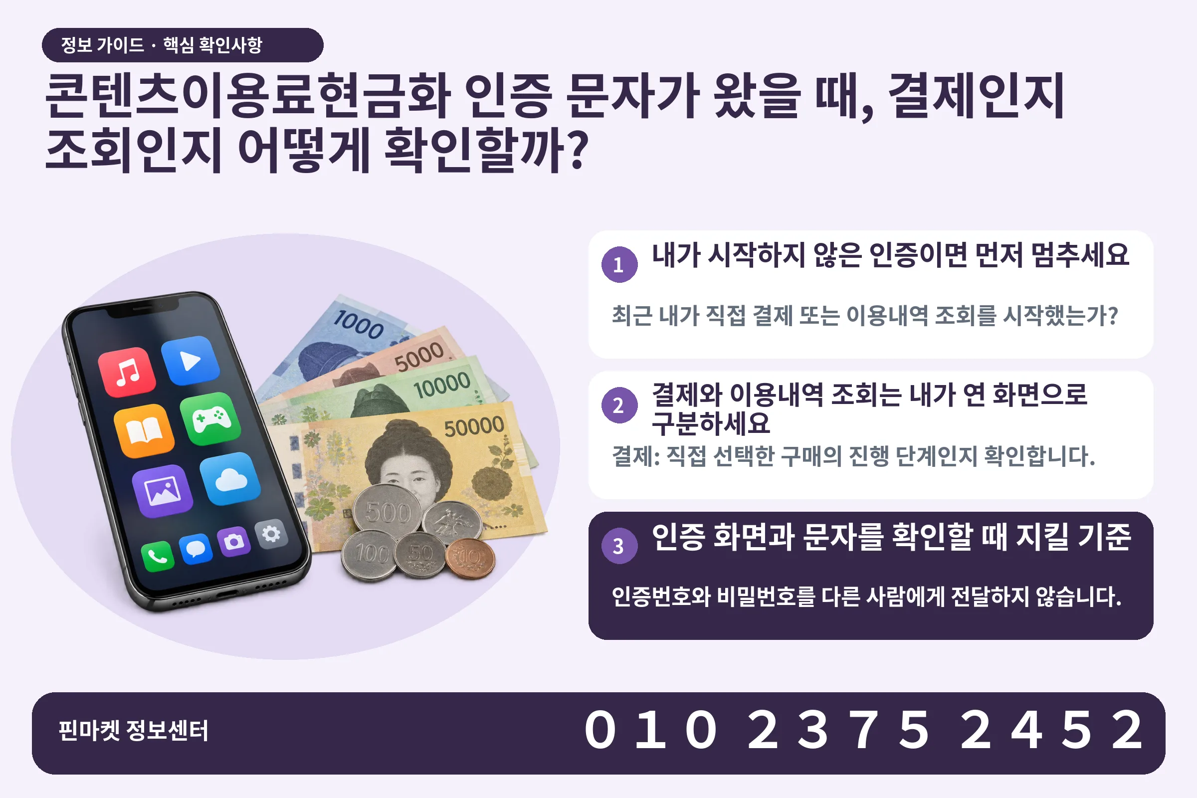 콘텐츠이용료현금화 인증 문자가 왔을 때, 결제인지 조회인지 어떻게 확인할까? · 콘텐츠 결제 화면 / 현금·동전 · 본문 확인사항: 내가 시작하지 않은 인증이면 먼저 멈추세요; 결제와 이용내역 조회는 내가 연 화면으로 구분하세요; 인증 화면과 문자를 확인할 때 지킬 기준