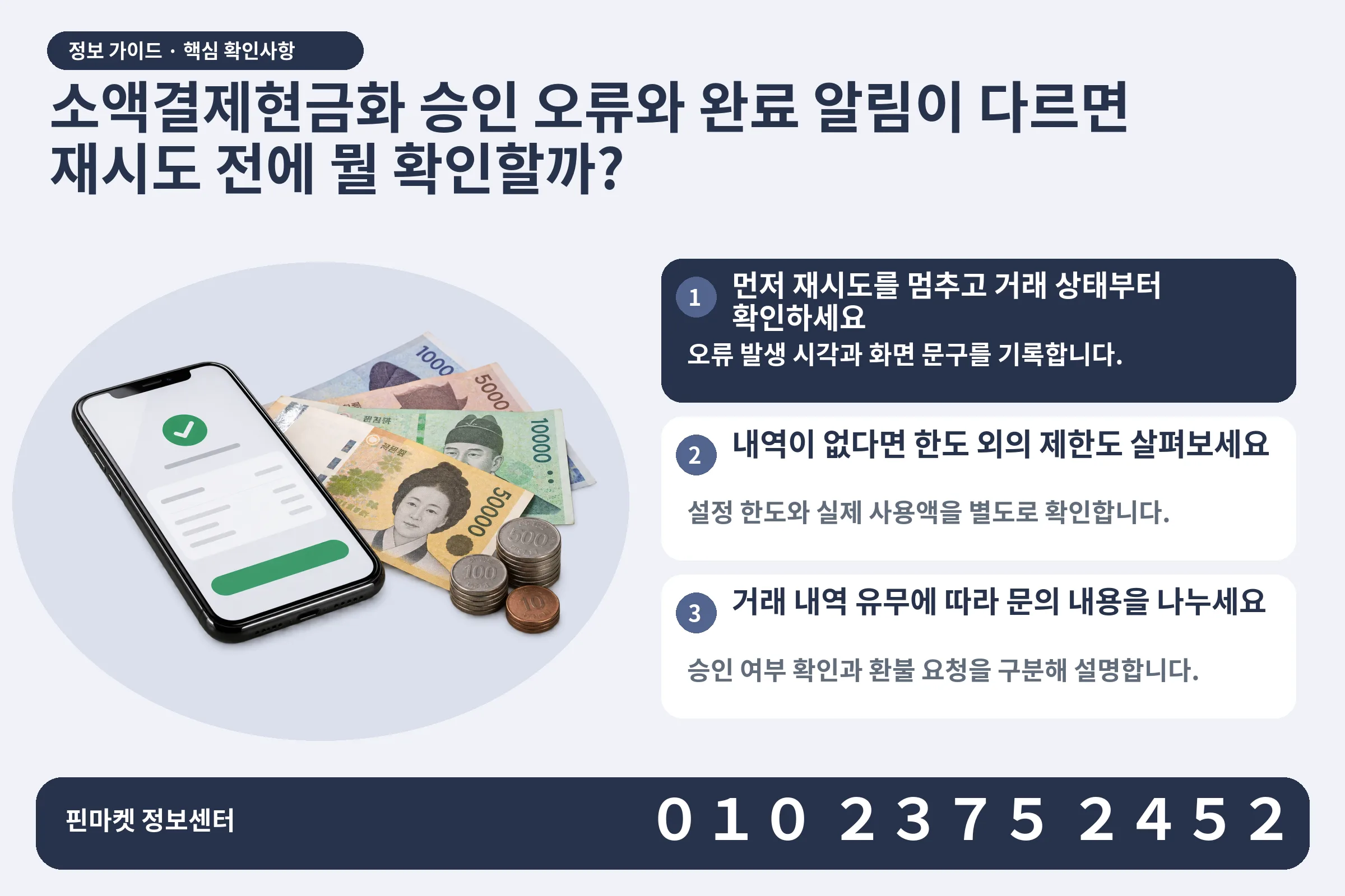 소액결제현금화 승인 오류와 완료 알림이 다르면 재시도 전에 뭘 확인할까? · 휴대폰 결제 화면 / 현금·동전 · 본문 확인사항: 먼저 재시도를 멈추고 거래 상태부터 확인하세요; 내역이 없다면 한도 외의 제한도 살펴보세요; 거래 내역 유무에 따라 문의 내용을 나누세요