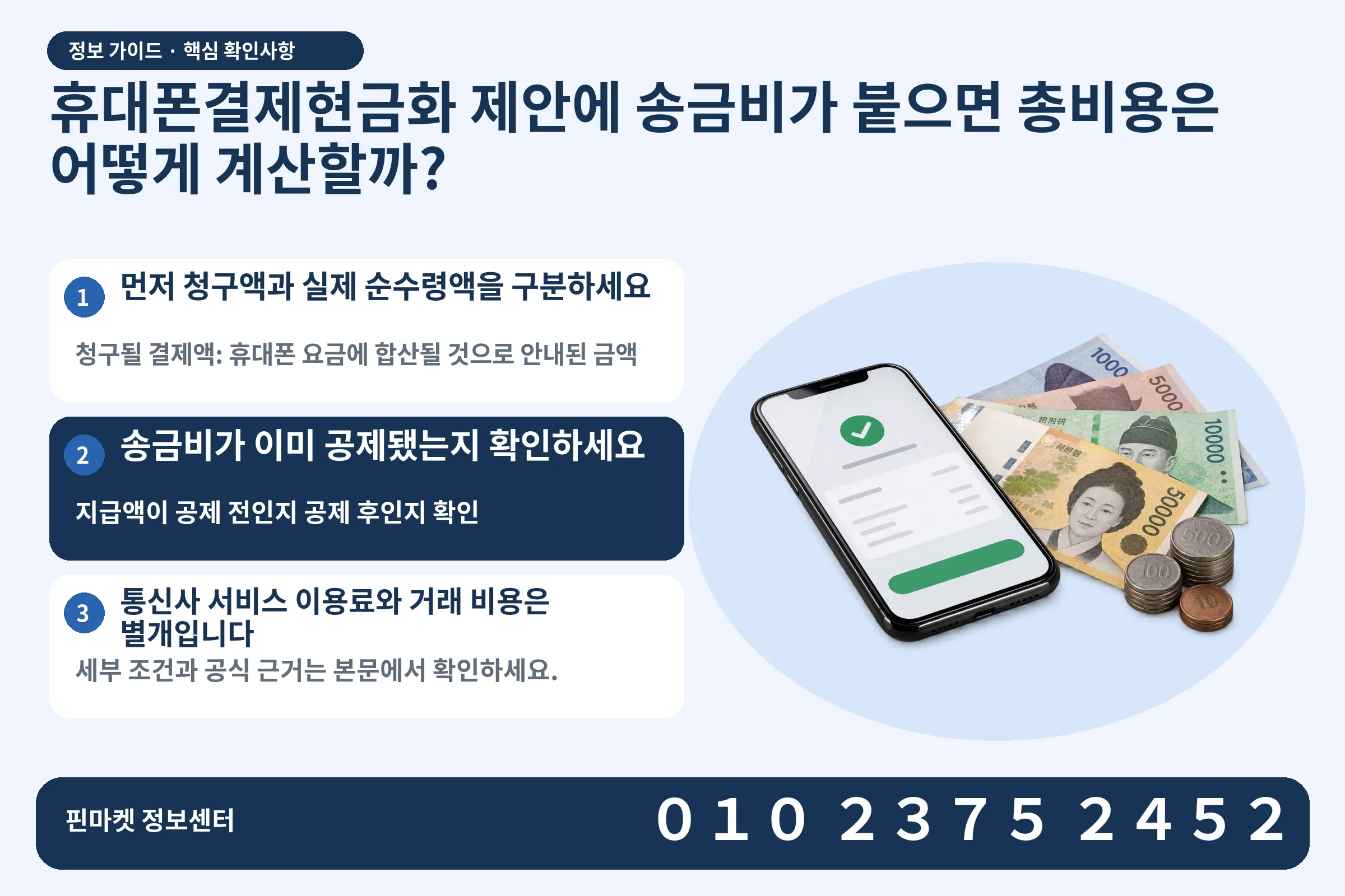 휴대폰결제현금화 제안에 송금비가 붙으면 총비용은 어떻게 계산할까? · 휴대폰 결제 화면 / 현금·동전 · 본문 확인사항: 먼저 청구액과 실제 순수령액을 구분하세요; 송금비가 이미 공제됐는지 확인하세요; 통신사 서비스 이용료와 거래 비용은 별개입니다