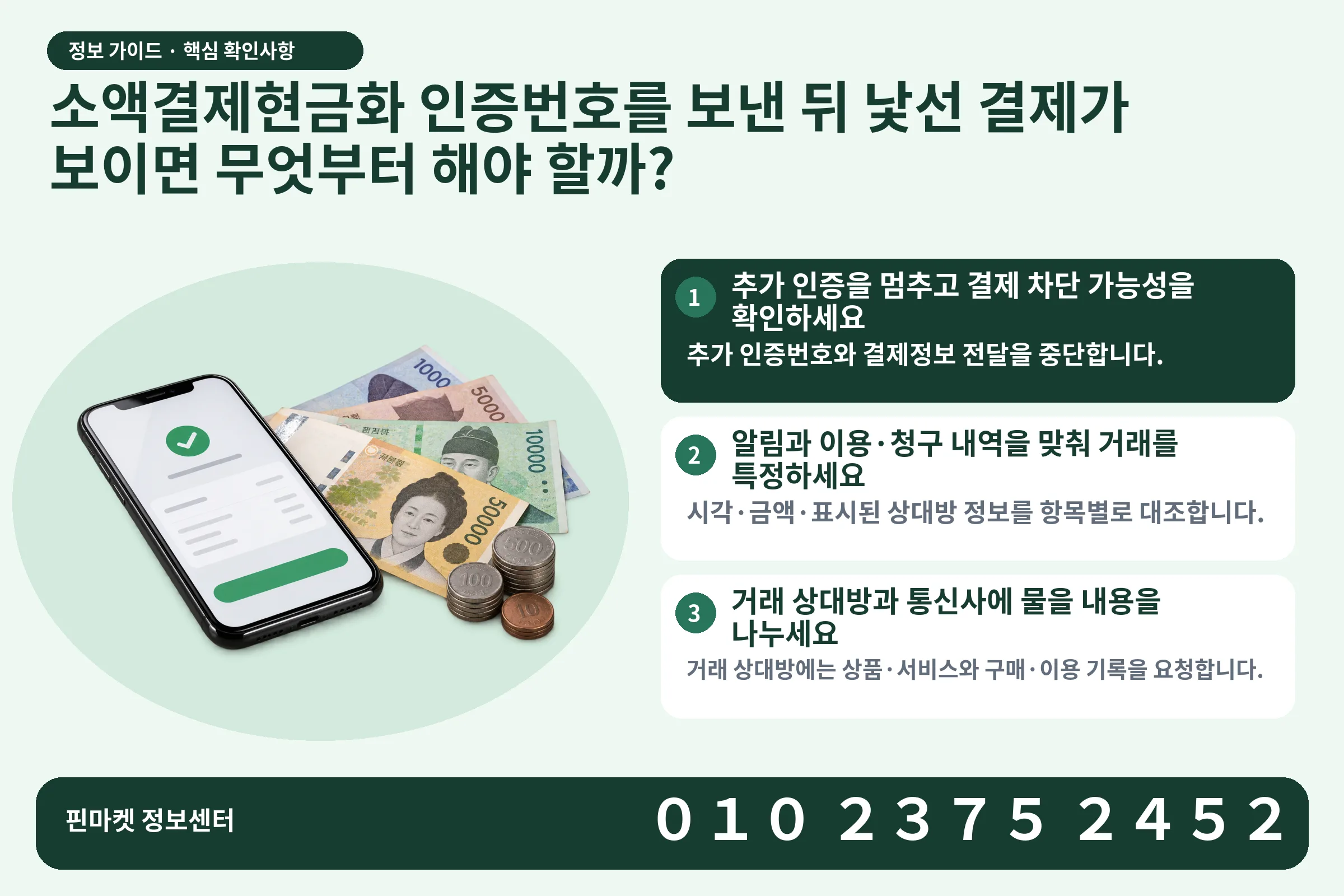 소액결제현금화 인증번호를 보낸 뒤 낯선 결제가 보이면 무엇부터 해야 할까? · 휴대폰 결제 화면 / 현금·동전 · 본문 확인사항: 추가 인증을 멈추고 결제 차단 가능성을 확인하세요; 알림과 이용·청구 내역을 맞춰 거래를 특정하세요; 거래 상대방과 통신사에 물을 내용을 나누세요