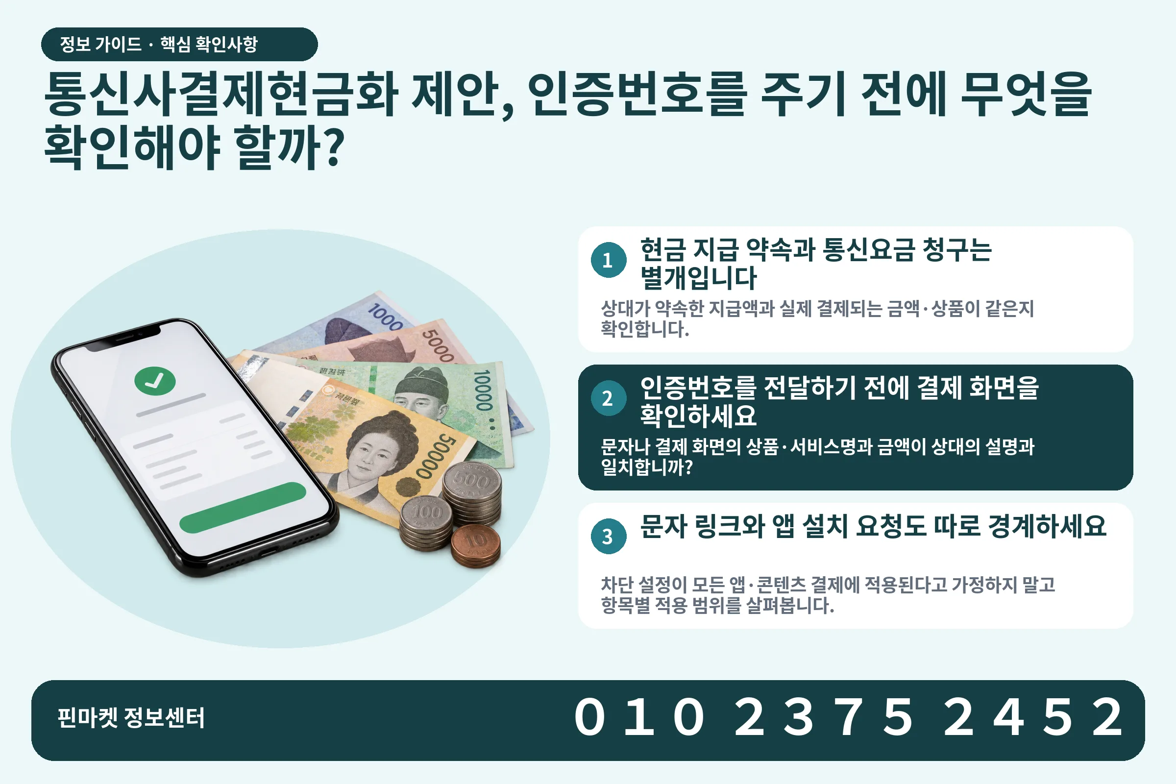 통신사결제현금화 제안, 인증번호를 주기 전에 무엇을 확인해야 할까? · 휴대폰 결제 화면 / 현금·동전 · 본문 확인사항: 현금 지급 약속과 통신요금 청구는 별개입니다; 인증번호를 전달하기 전에 결제 화면을 확인하세요; 문자 링크와 앱 설치 요청도 따로 경계하세요