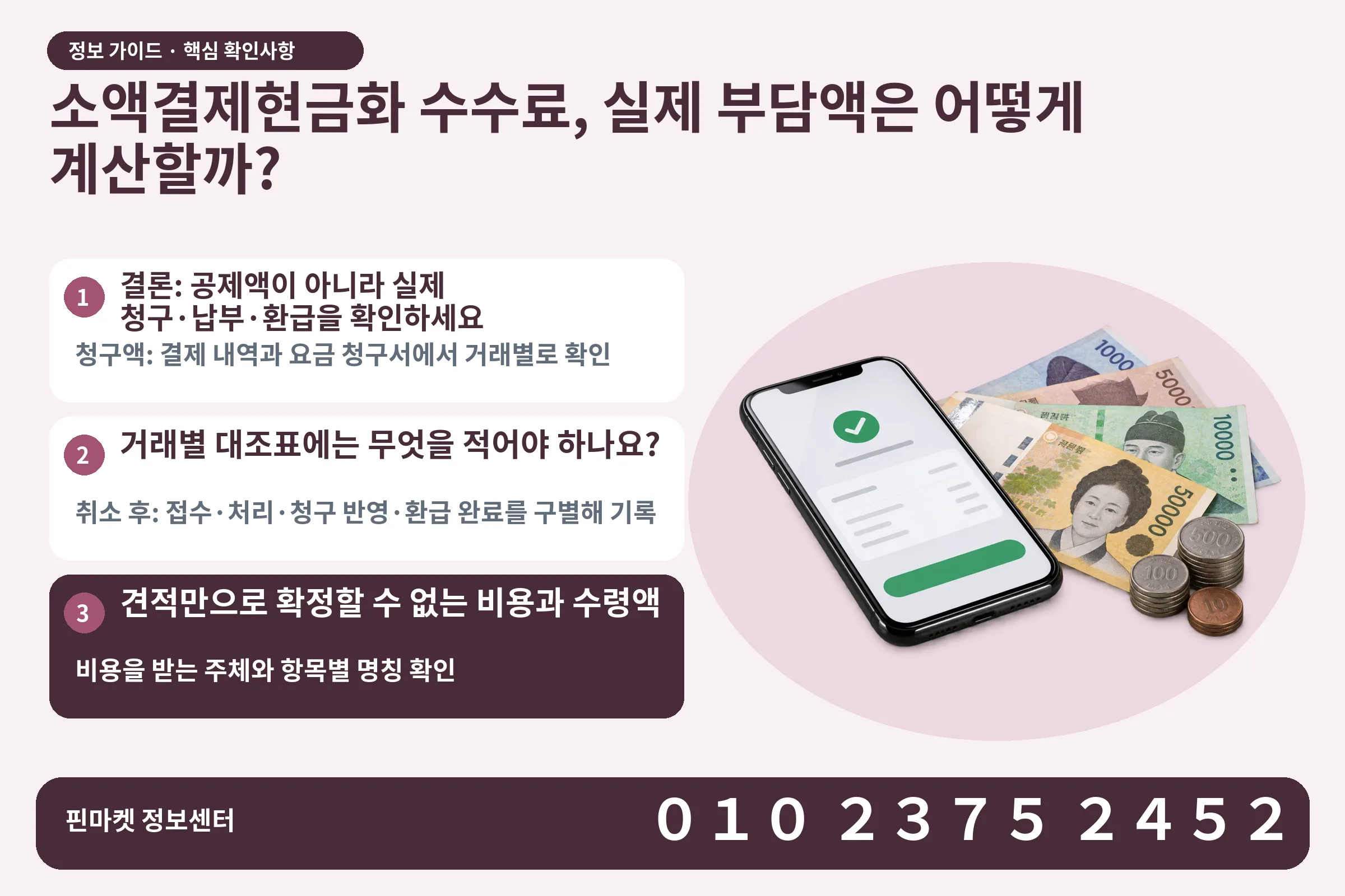 소액결제현금화 수수료, 실제 부담액은 어떻게 계산할까? · 휴대폰 결제 화면 / 현금·동전 · 본문 확인사항: 결론: 공제액이 아니라 실제 청구·납부·환급을 확인하세요; 거래별 대조표에는 무엇을 적어야 하나요?; 견적만으로 확정할 수 없는 비용과 수령액