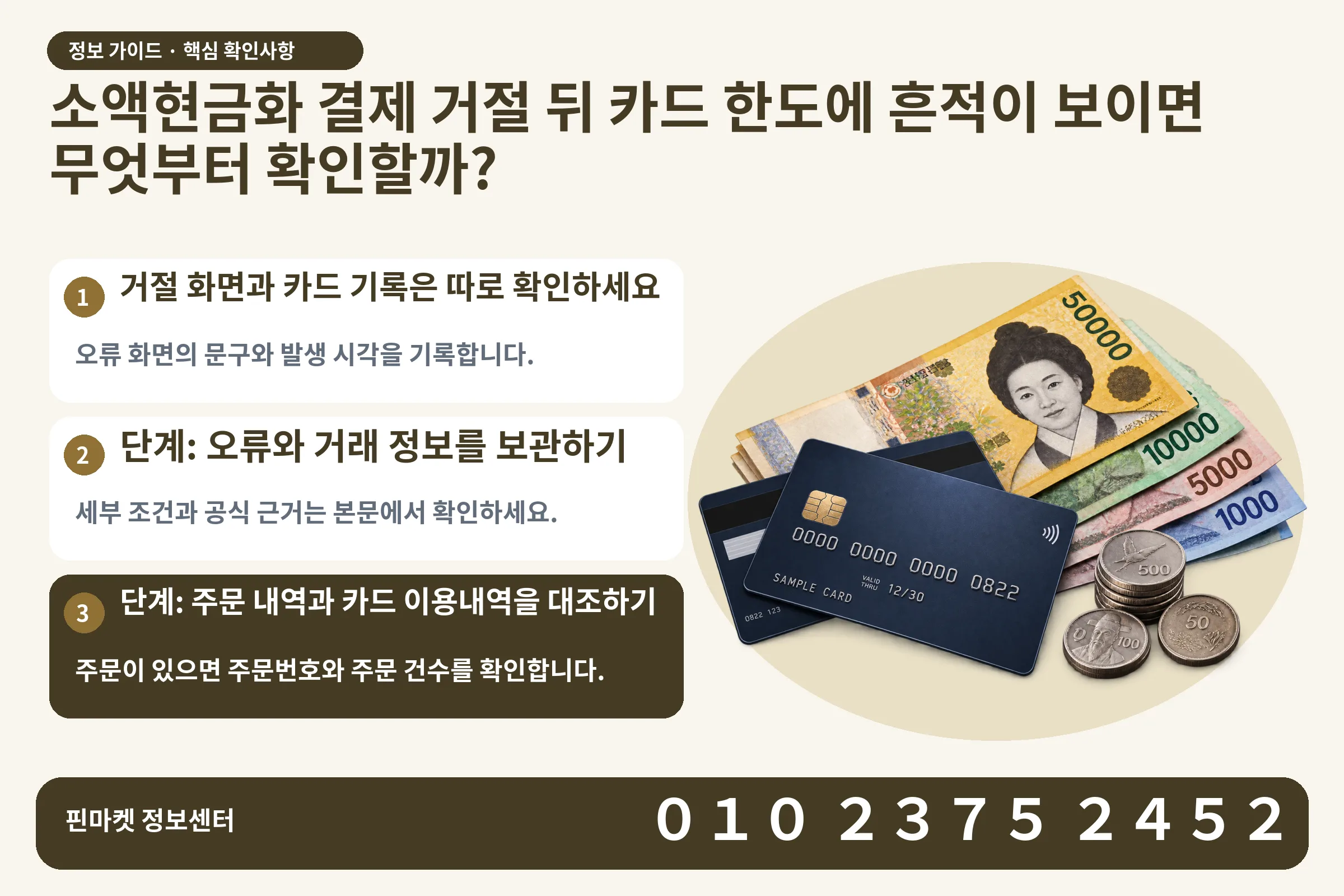 소액현금화 결제 거절 뒤 카드 한도에 흔적이 보이면 무엇부터 확인할까? · 신용카드 / 현금·동전 · 본문 확인사항: 거절 화면과 카드 기록은 따로 확인하세요; 단계: 오류와 거래 정보를 보관하기; 단계: 주문 내역과 카드 이용내역을 대조하기