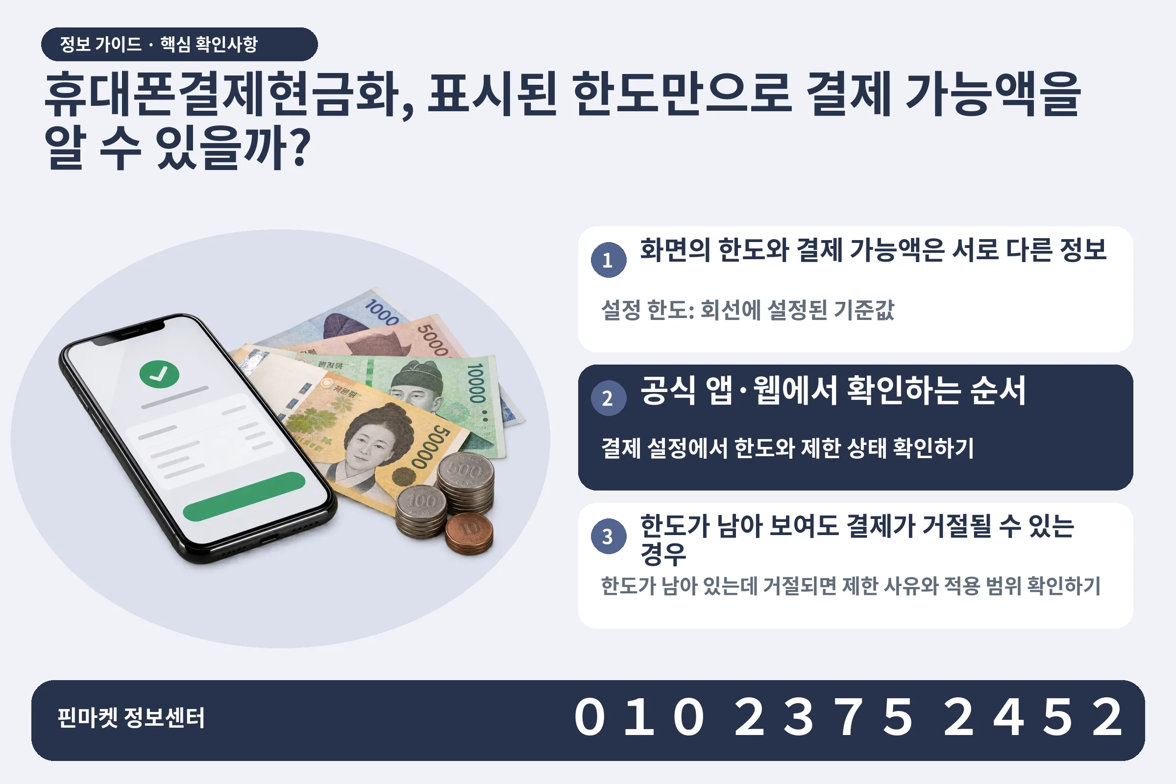 휴대폰결제현금화, 표시된 한도만으로 결제 가능액을 알 수 있을까? · 휴대폰 결제 화면 / 현금·동전 · 본문 확인사항: 화면의 한도와 결제 가능액은 서로 다른 정보; 공식 앱·웹에서 확인하는 순서; 한도가 남아 보여도 결제가 거절될 수 있는 경우