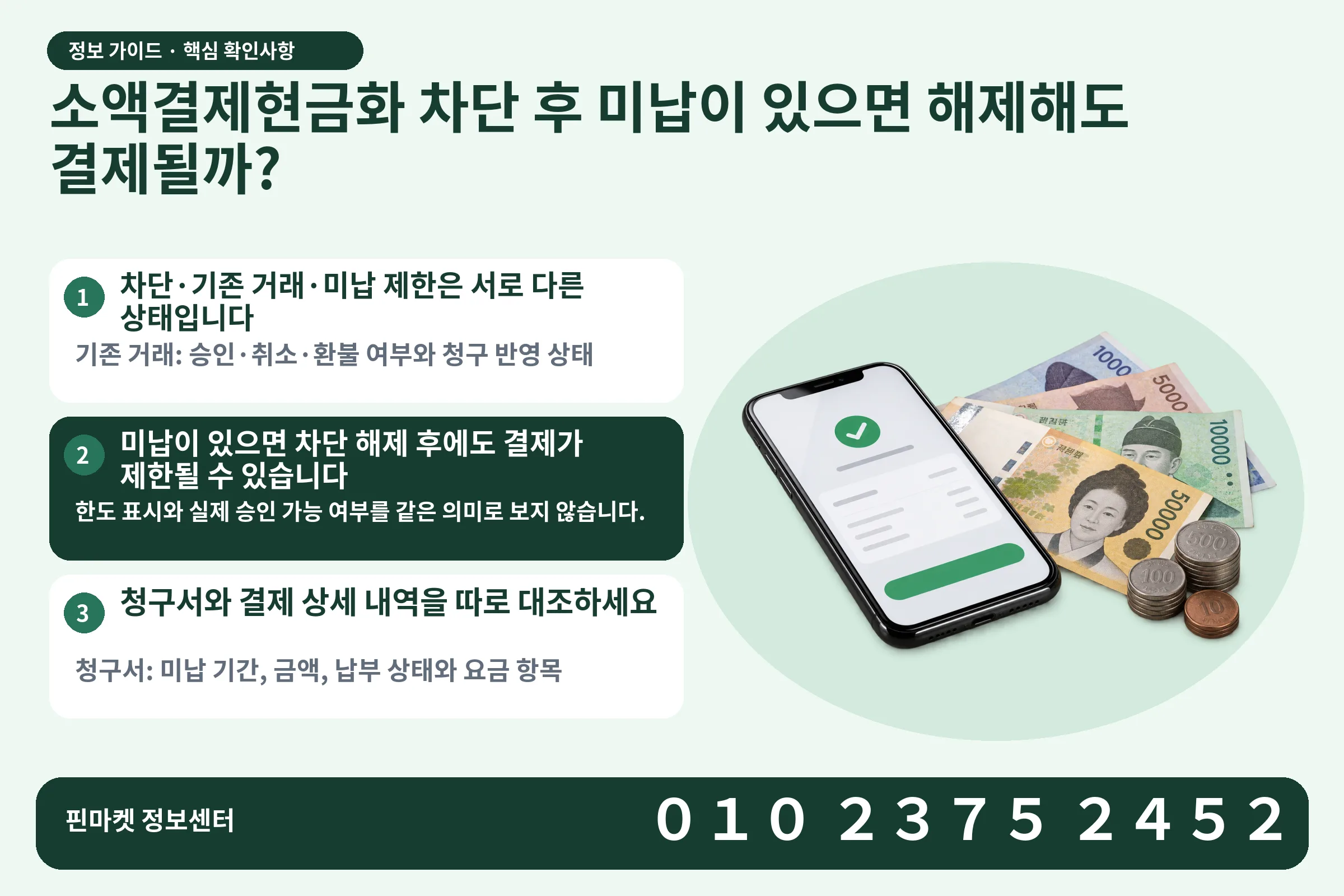 소액결제현금화 차단 후 미납이 있으면 해제해도 결제될까? · 휴대폰 결제 화면 / 현금·동전 · 본문 확인사항: 차단·기존 거래·미납 제한은 서로 다른 상태입니다; 미납이 있으면 차단 해제 후에도 결제가 제한될 수 있습니다; 청구서와 결제 상세 내역을 따로 대조하세요