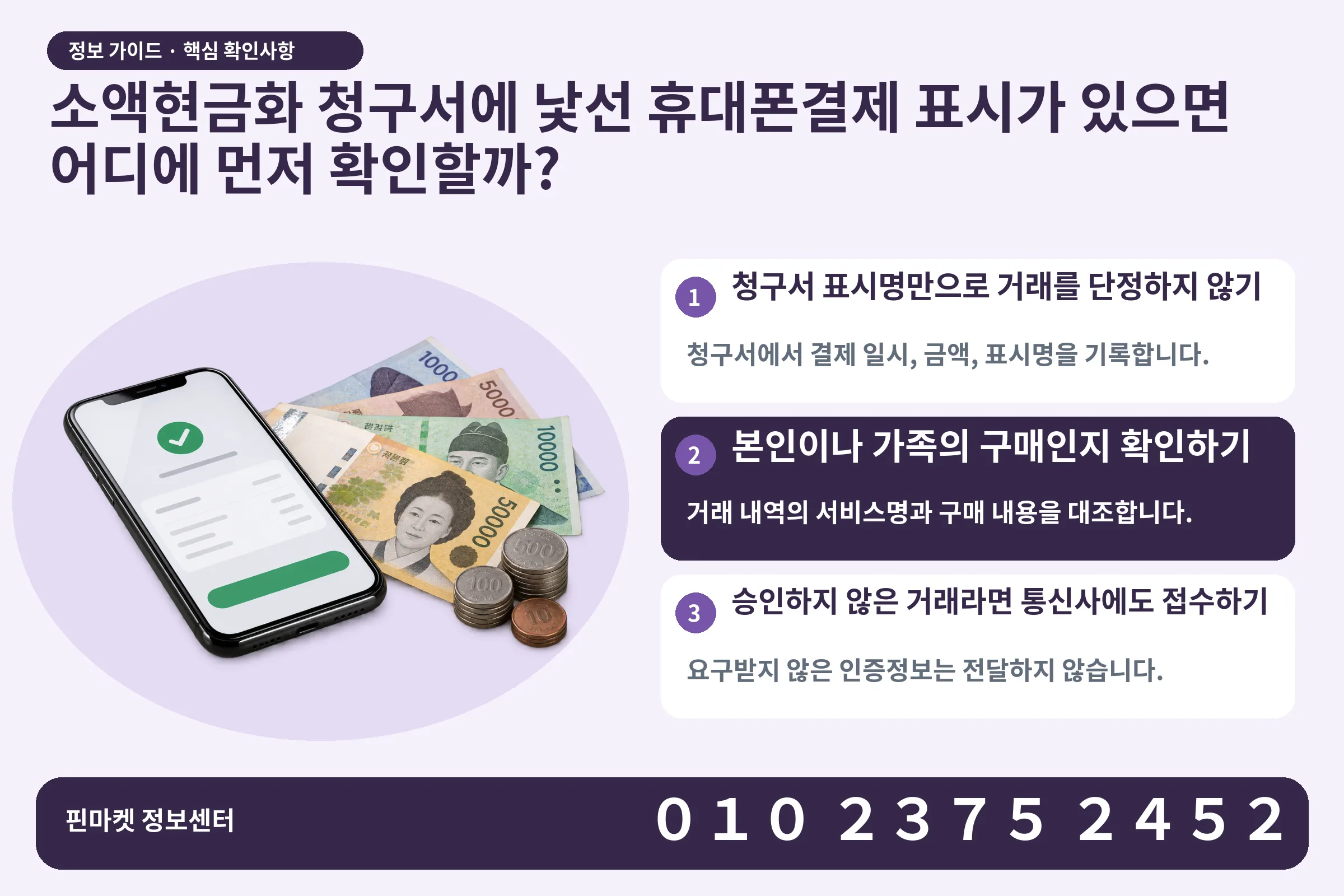 소액현금화 청구서에 낯선 휴대폰결제 표시가 있으면 어디에 먼저 확인할까? · 휴대폰 결제 화면 / 현금·동전 · 본문 확인사항: 청구서 표시명만으로 거래를 단정하지 않기; 본인이나 가족의 구매인지 확인하기; 승인하지 않은 거래라면 통신사에도 접수하기