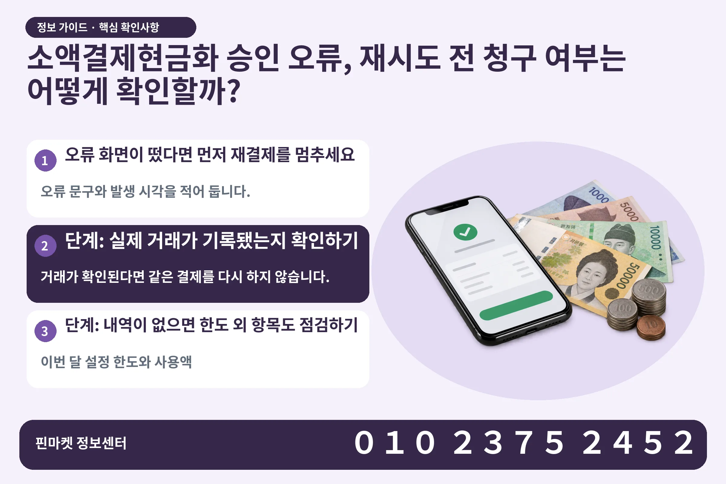 소액결제현금화 승인 오류, 재시도 전 청구 여부는 어떻게 확인할까? · 휴대폰 결제 화면 / 현금·동전 · 본문 확인사항: 오류 화면이 떴다면 먼저 재결제를 멈추세요; 단계: 실제 거래가 기록됐는지 확인하기; 단계: 내역이 없으면 한도 외 항목도 점검하기