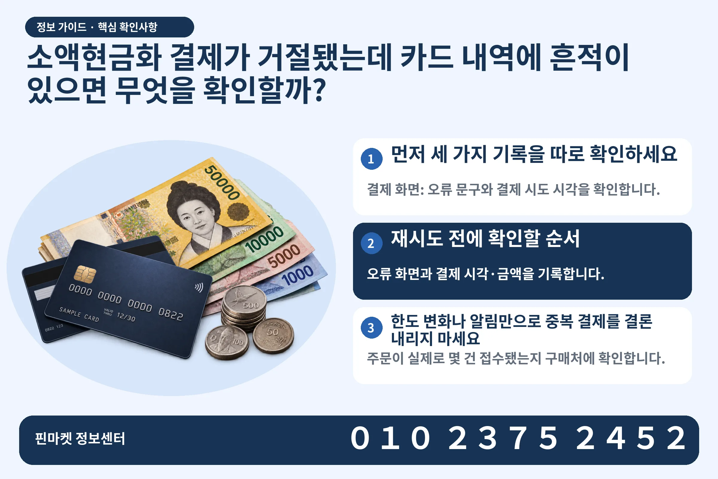 소액현금화 결제가 거절됐는데 카드 내역에 흔적이 있으면 무엇을 확인할까? · 신용카드 / 현금·동전 · 본문 확인사항: 먼저 세 가지 기록을 따로 확인하세요; 재시도 전에 확인할 순서; 한도 변화나 알림만으로 중복 결제를 결론 내리지 마세요