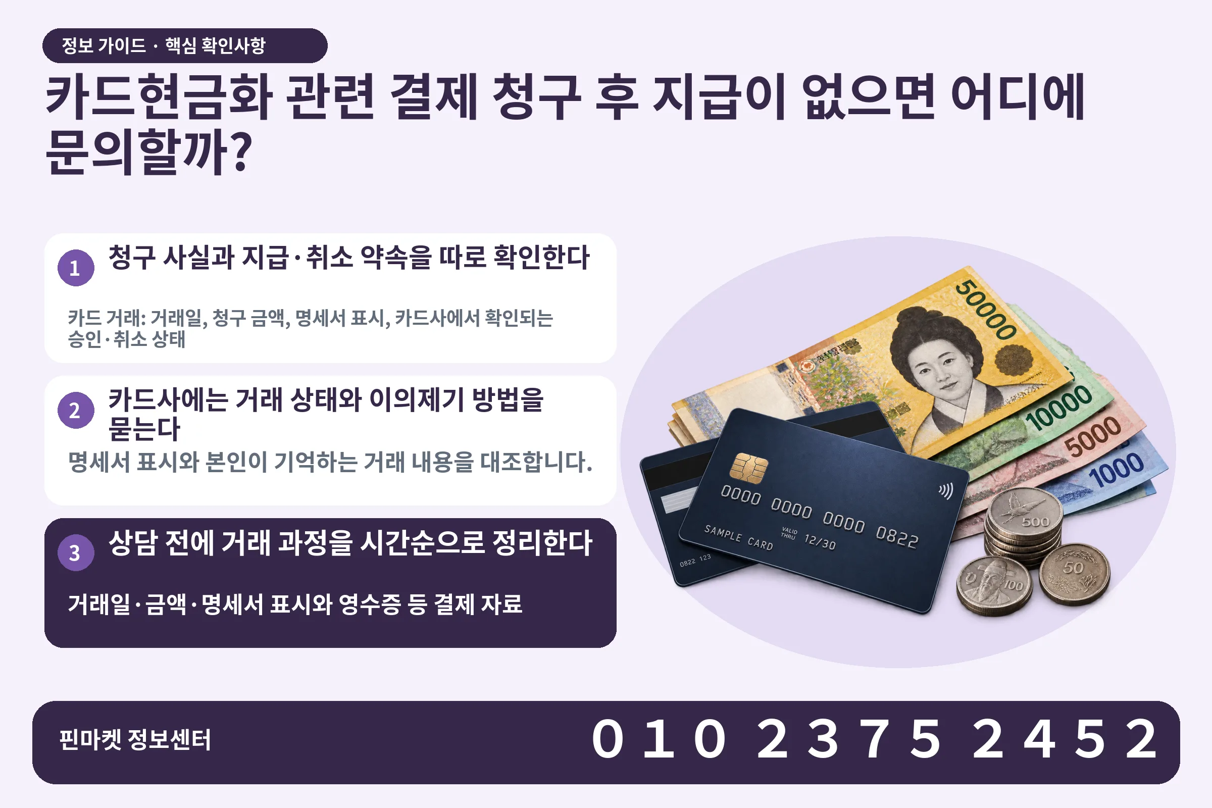 카드현금화 관련 결제 청구 후 지급이 없으면 어디에 문의할까? · 신용카드 / 현금·동전 · 본문 확인사항: 청구 사실과 지급·취소 약속을 따로 확인한다; 카드사에는 거래 상태와 이의제기 방법을 묻는다; 상담 전에 거래 과정을 시간순으로 정리한다