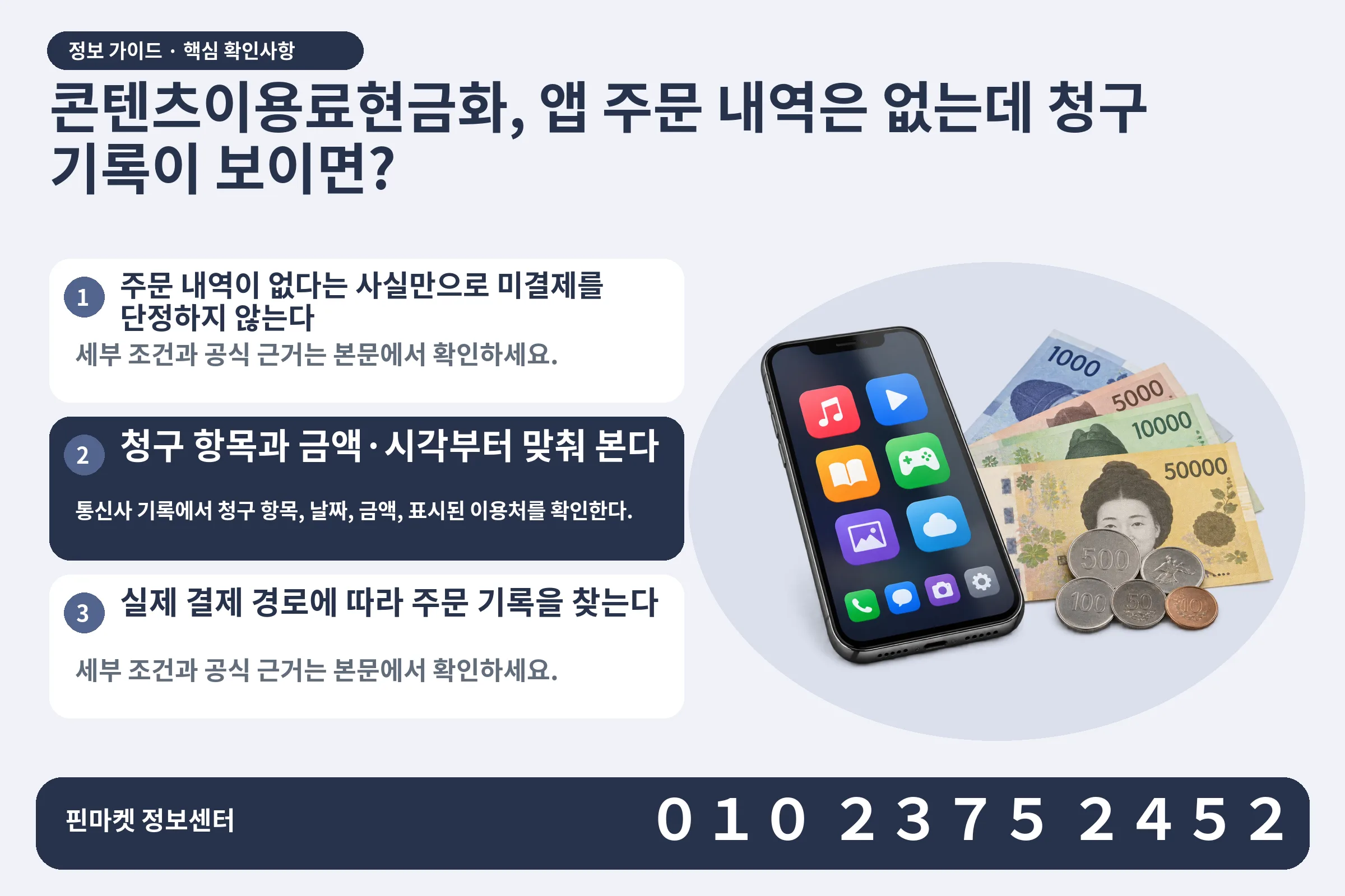 콘텐츠이용료현금화, 앱 주문 내역은 없는데 청구 기록이 보이면? · 콘텐츠 결제 화면 / 현금·동전 · 본문 확인사항: 주문 내역이 없다는 사실만으로 미결제를 단정하지 않는다; 청구 항목과 금액·시각부터 맞춰 본다; 실제 결제 경로에 따라 주문 기록을 찾는다