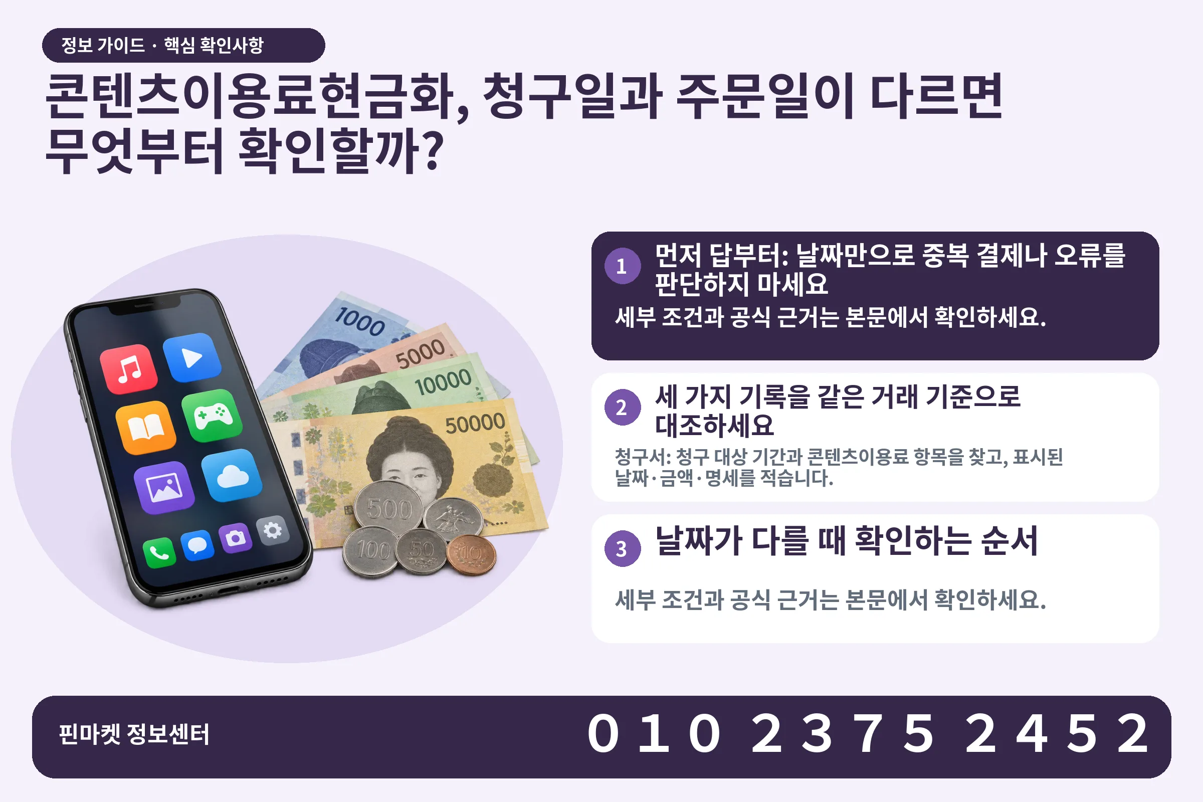 콘텐츠이용료현금화, 청구일과 주문일이 다르면 무엇부터 확인할까? · 콘텐츠 결제 화면 / 현금·동전 · 본문 확인사항: 먼저 답부터: 날짜만으로 중복 결제나 오류를 판단하지 마세요; 세 가지 기록을 같은 거래 기준으로 대조하세요; 날짜가 다를 때 확인하는 순서