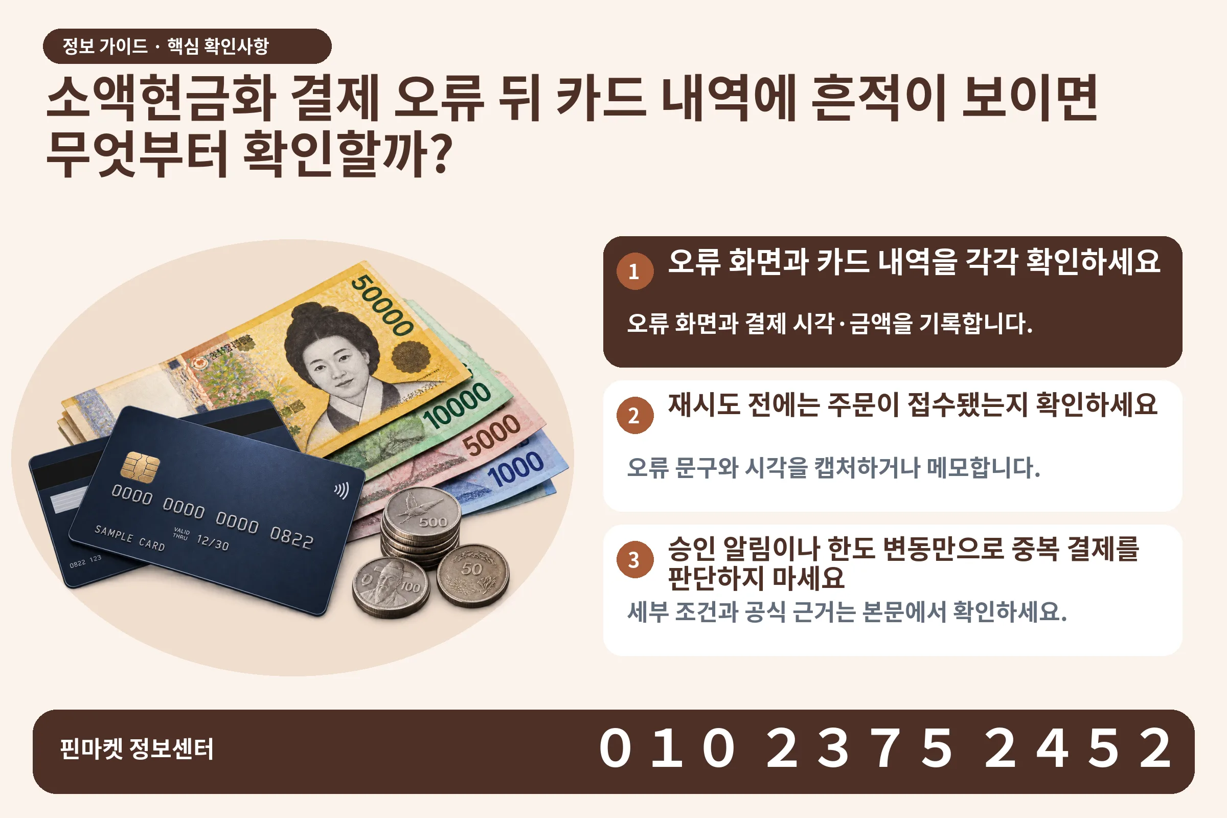 소액현금화 결제 오류 뒤 카드 내역에 흔적이 보이면 무엇부터 확인할까? · 신용카드 / 현금·동전 · 본문 확인사항: 오류 화면과 카드 내역을 각각 확인하세요; 재시도 전에는 주문이 접수됐는지 확인하세요; 승인 알림이나 한도 변동만으로 중복 결제를 판단하지 마세요