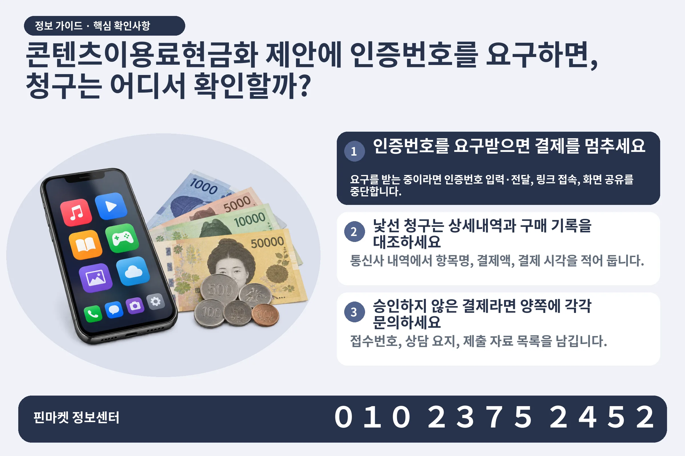 콘텐츠이용료현금화 제안에 인증번호를 요구하면, 청구는 어디서 확인할까? · 콘텐츠 결제 화면 / 현금·동전 · 본문 확인사항: 인증번호를 요구받으면 결제를 멈추세요; 낯선 청구는 상세내역과 구매 기록을 대조하세요; 승인하지 않은 결제라면 양쪽에 각각 문의하세요
