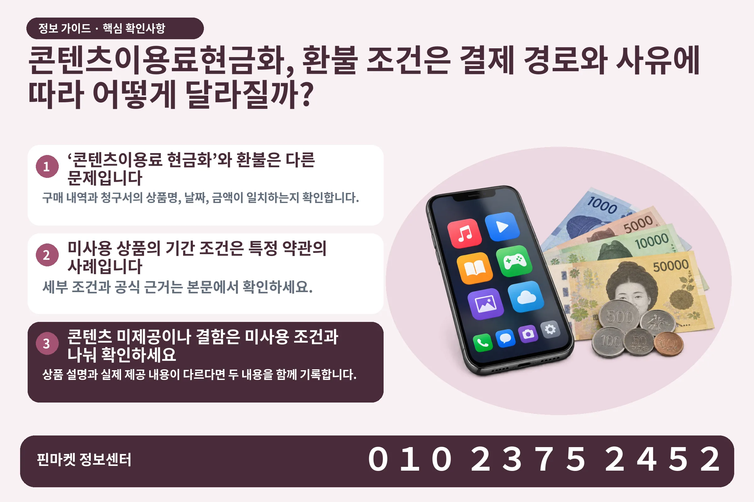 콘텐츠이용료현금화, 환불 조건은 결제 경로와 사유에 따라 어떻게 달라질까? · 콘텐츠 결제 화면 / 현금·동전 · 본문 확인사항: ‘콘텐츠이용료 현금화’와 환불은 다른 문제입니다; 미사용 상품의 기간 조건은 특정 약관의 사례입니다; 콘텐츠 미제공이나 결함은 미사용 조건과 나눠 확인하세요