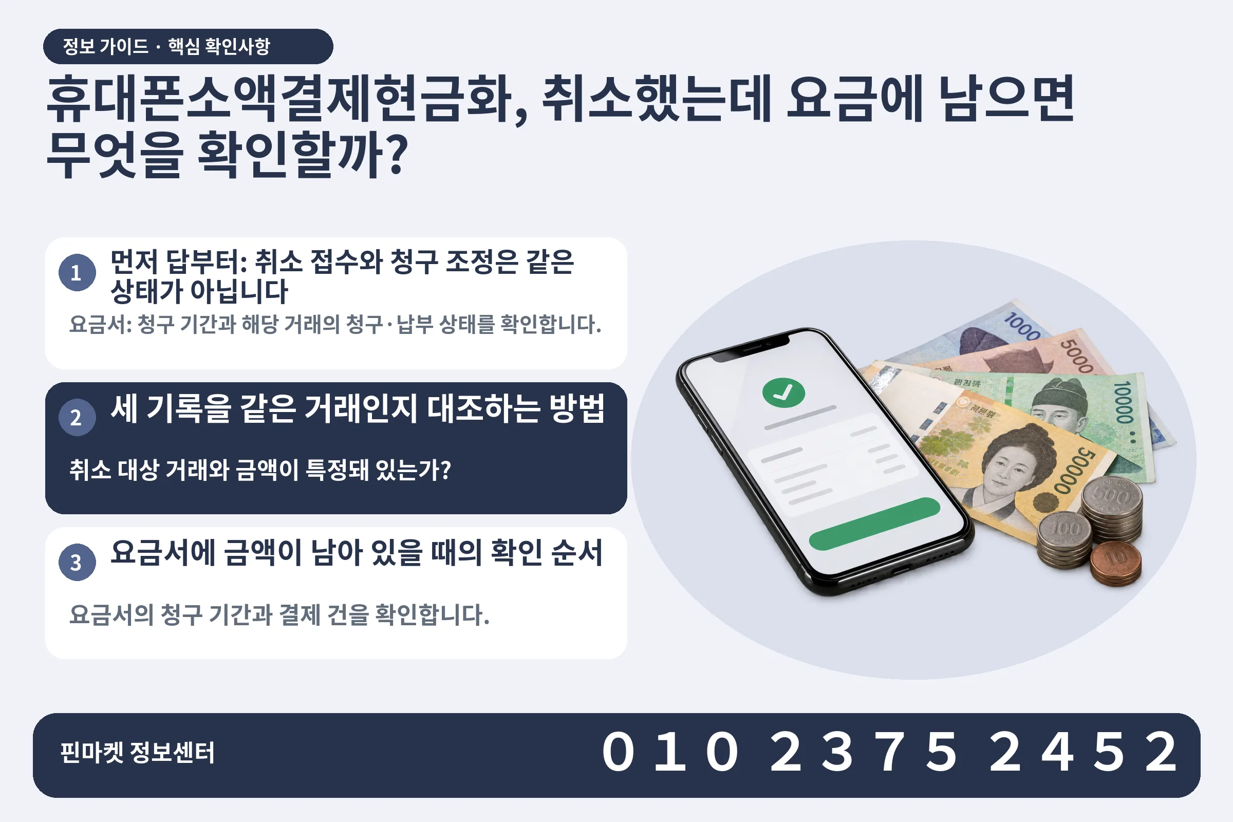 휴대폰소액결제현금화, 취소했는데 요금에 남으면 무엇을 확인할까? · 휴대폰 결제 화면 / 현금·동전 · 본문 확인사항: 먼저 답부터: 취소 접수와 청구 조정은 같은 상태가 아닙니다; 세 기록을 같은 거래인지 대조하는 방법; 요금서에 금액이 남아 있을 때의 확인 순서