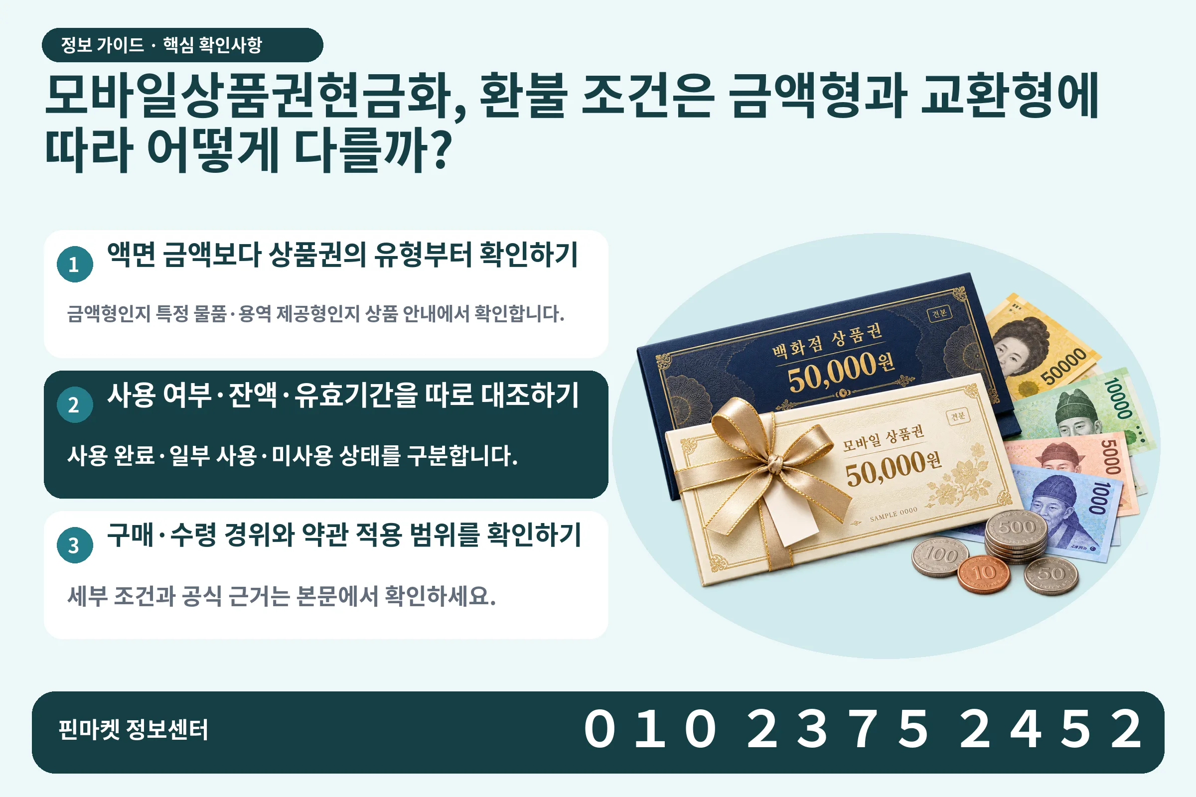 모바일상품권현금화, 환불 조건은 금액형과 교환형에 따라 어떻게 다를까? · 상품권 / 현금·동전 · 본문 확인사항: 액면 금액보다 상품권의 유형부터 확인하기; 사용 여부·잔액·유효기간을 따로 대조하기; 구매·수령 경위와 약관 적용 범위를 확인하기