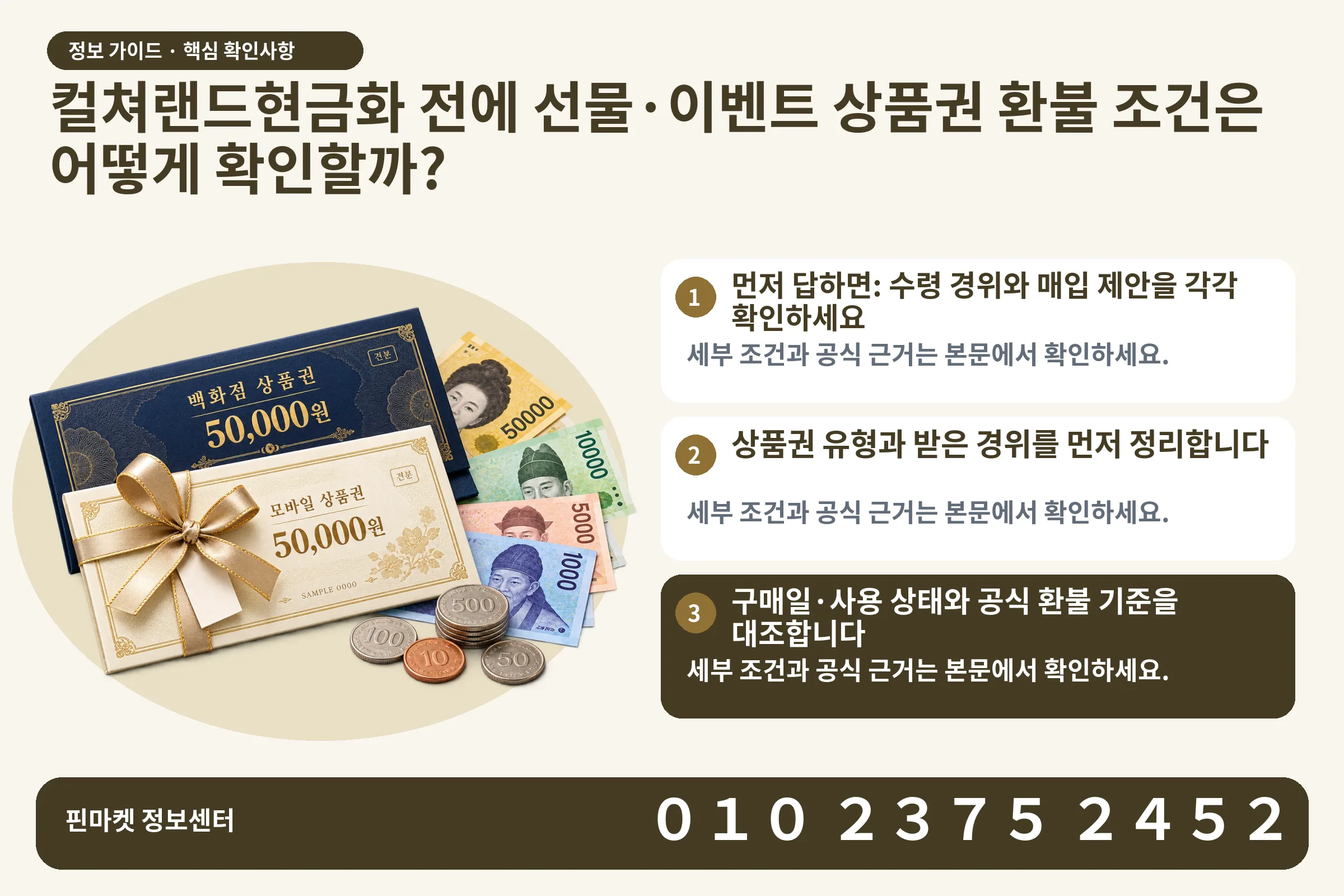 컬쳐랜드현금화 전에 선물·이벤트 상품권 환불 조건은 어떻게 확인할까? · 상품권 / 현금·동전 · 본문 확인사항: 먼저 답하면: 수령 경위와 매입 제안을 각각 확인하세요; 상품권 유형과 받은 경위를 먼저 정리합니다; 구매일·사용 상태와 공식 환불 기준을 대조합니다