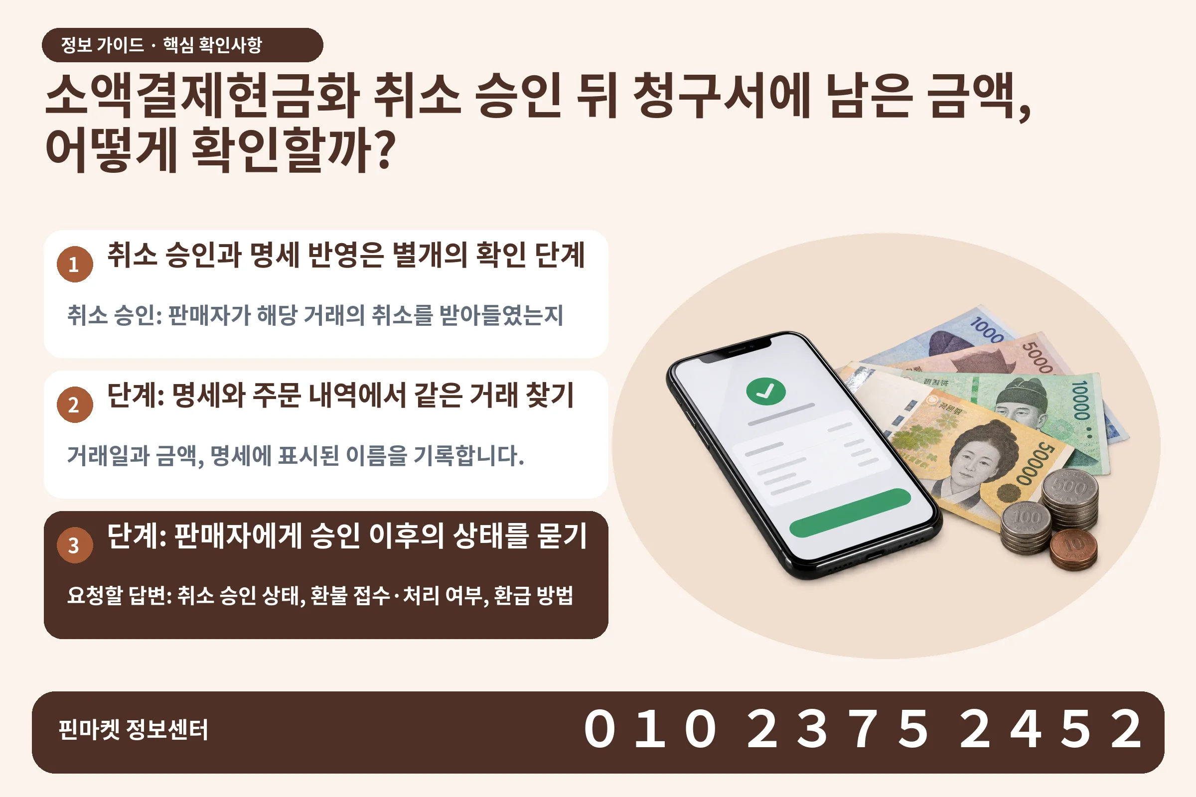 소액결제현금화 취소 승인 뒤 청구서에 남은 금액, 어떻게 확인할까? · 휴대폰 결제 화면 / 현금·동전 · 본문 확인사항: 취소 승인과 명세 반영은 별개의 확인 단계; 단계: 명세와 주문 내역에서 같은 거래 찾기; 단계: 판매자에게 승인 이후의 상태를 묻기