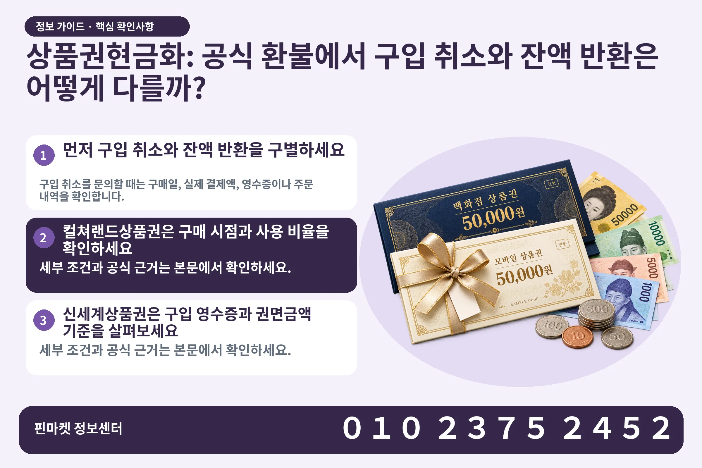 상품권현금화: 공식 환불에서 구입 취소와 잔액 반환은 어떻게 다를까? · 상품권 / 현금·동전 · 본문 확인사항: 먼저 구입 취소와 잔액 반환을 구별하세요; 컬쳐랜드상품권은 구매 시점과 사용 비율을 확인하세요; 신세계상품권은 구입 영수증과 권면금액 기준을 살펴보세요