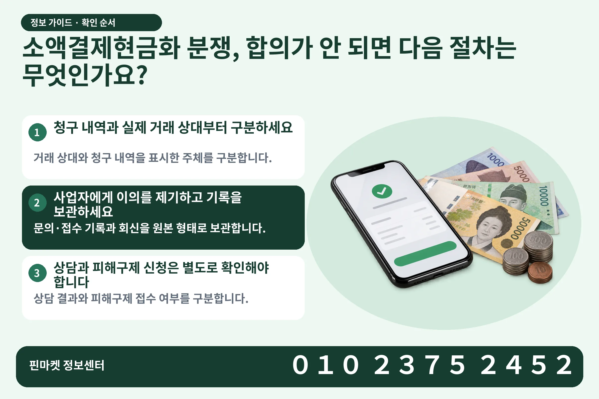 소액결제현금화 분쟁, 합의가 안 되면 다음 절차는 무엇인가요? · 휴대폰 결제 화면 / 현금·동전 · 본문 확인사항: 청구 내역과 실제 거래 상대부터 구분하세요; 사업자에게 이의를 제기하고 기록을 보관하세요; 상담과 피해구제 신청은 별도로 확인해야 합니다