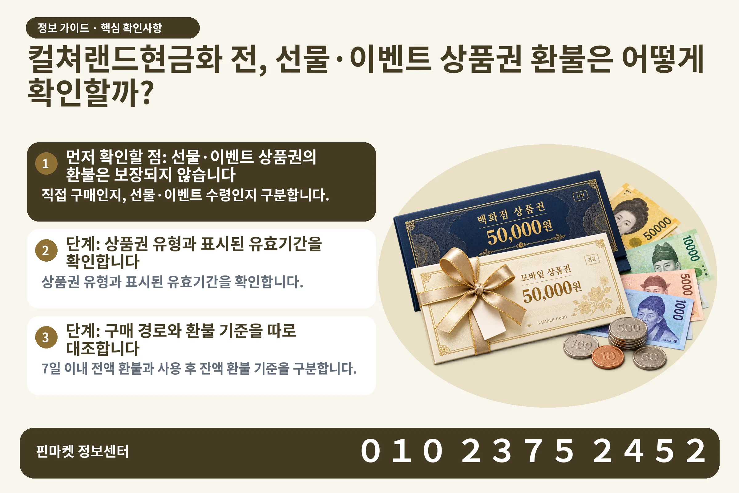 컬쳐랜드현금화 전, 선물·이벤트 상품권 환불은 어떻게 확인할까? · 상품권 / 현금·동전 · 본문 확인사항: 먼저 확인할 점: 선물·이벤트 상품권의 환불은 보장되지 않습니다; 단계: 상품권 유형과 표시된 유효기간을 확인합니다; 단계: 구매 경로와 환불 기준을 따로 대조합니다