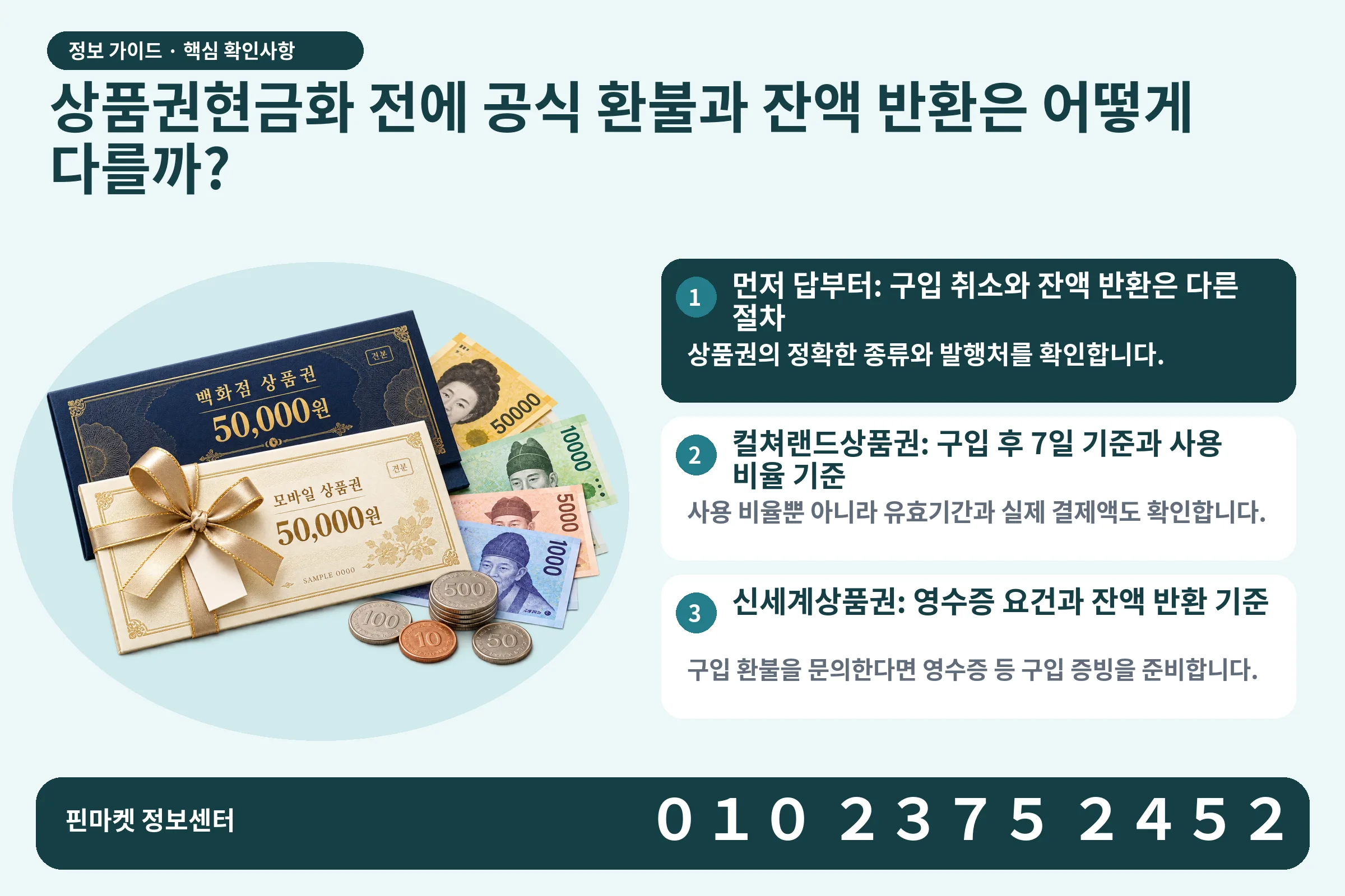 상품권현금화 전에 공식 환불과 잔액 반환은 어떻게 다를까? · 상품권 / 현금·동전 · 본문 확인사항: 먼저 답부터: 구입 취소와 잔액 반환은 다른 절차; 컬쳐랜드상품권: 구입 후 7일 기준과 사용 비율 기준; 신세계상품권: 영수증 요건과 잔액 반환 기준