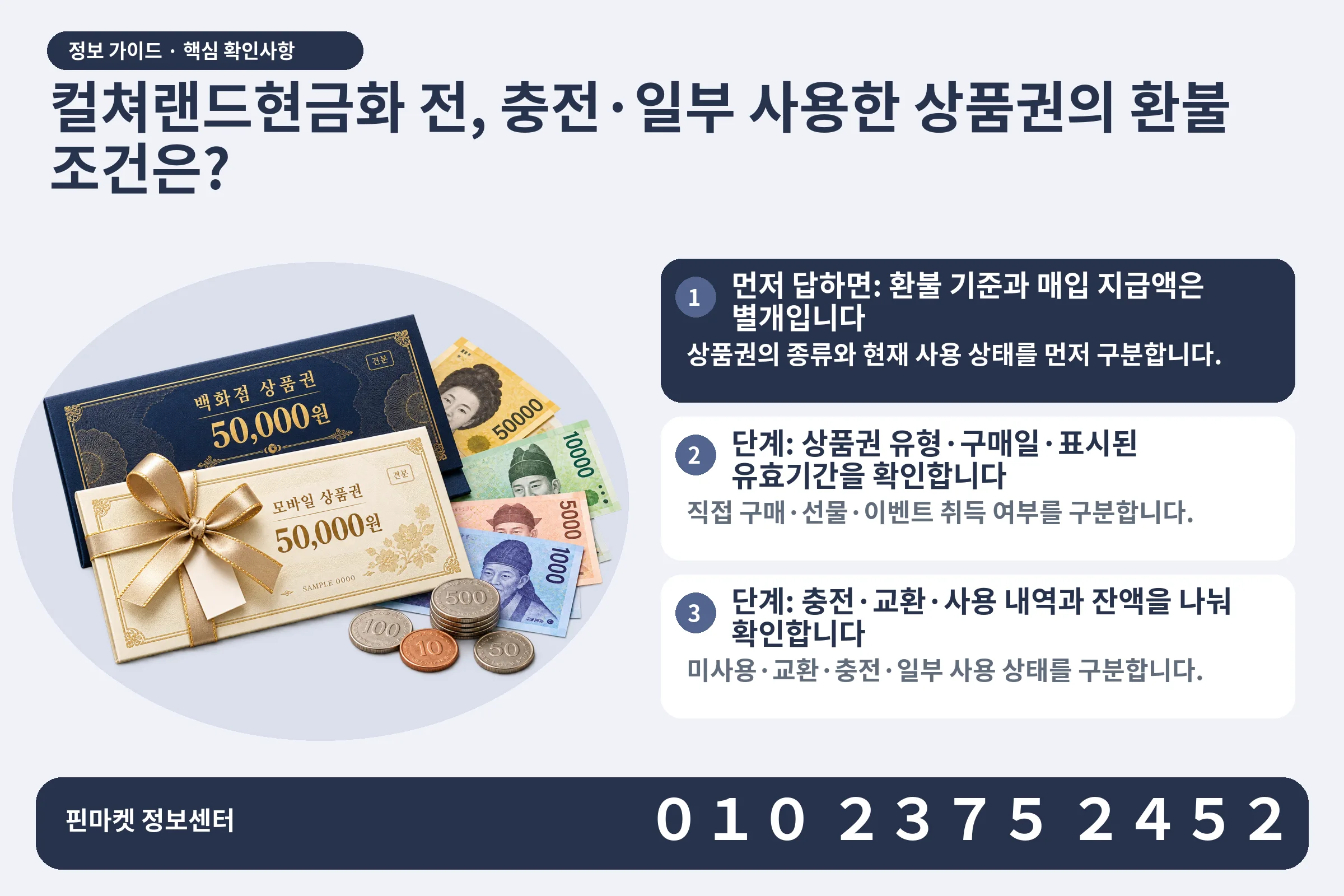 컬쳐랜드현금화 전, 충전·일부 사용한 상품권의 환불 조건은? · 상품권 / 현금·동전 · 본문 확인사항: 먼저 답하면: 환불 기준과 매입 지급액은 별개입니다; 단계: 상품권 유형·구매일·표시된 유효기간을 확인합니다; 단계: 충전·교환·사용 내역과 잔액을 나눠 확인합니다