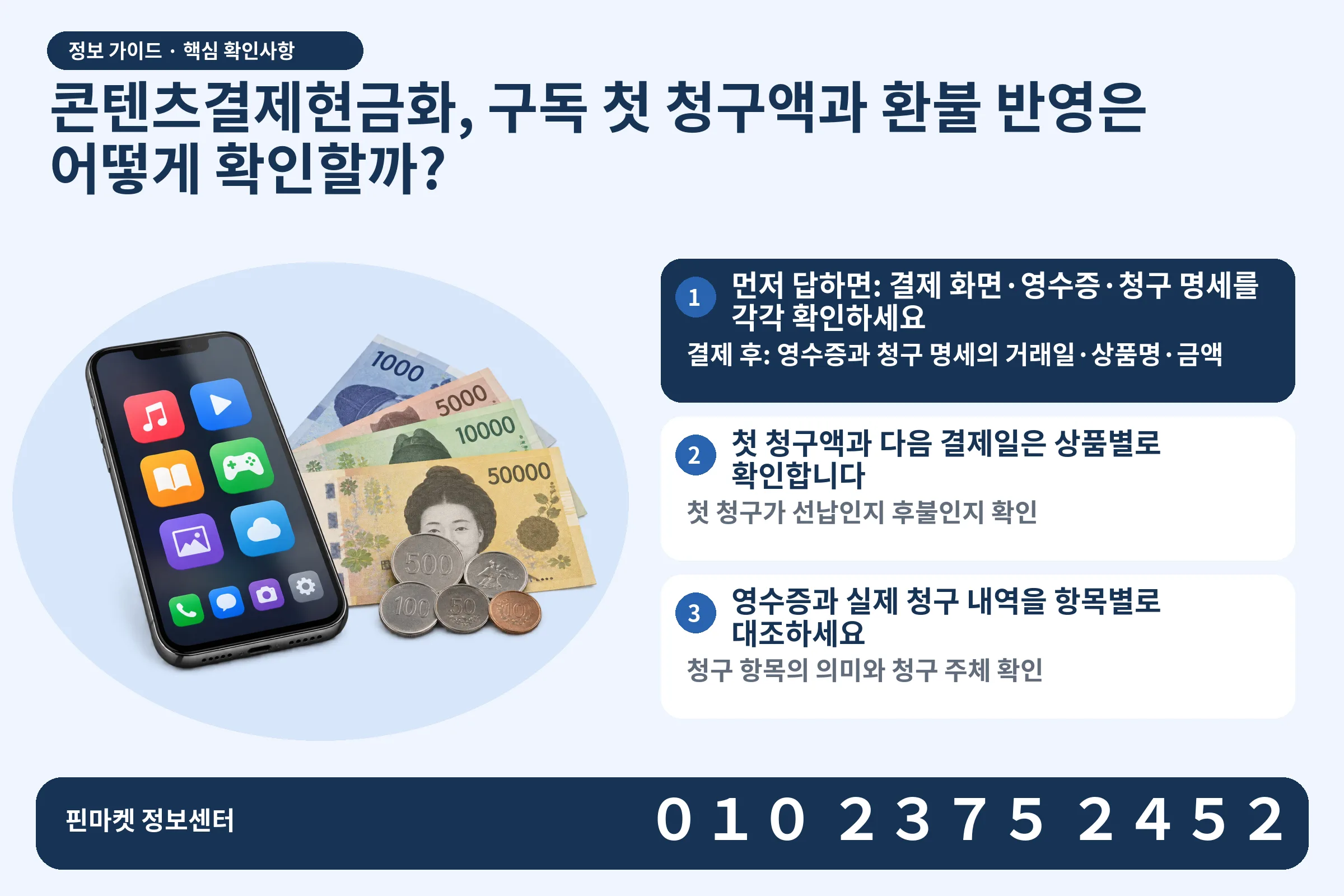 콘텐츠결제현금화, 구독 첫 청구액과 환불 반영은 어떻게 확인할까? · 콘텐츠 결제 화면 / 현금·동전 · 본문 확인사항: 먼저 답하면: 결제 화면·영수증·청구 명세를 각각 확인하세요; 첫 청구액과 다음 결제일은 상품별로 확인합니다; 영수증과 실제 청구 내역을 항목별로 대조하세요