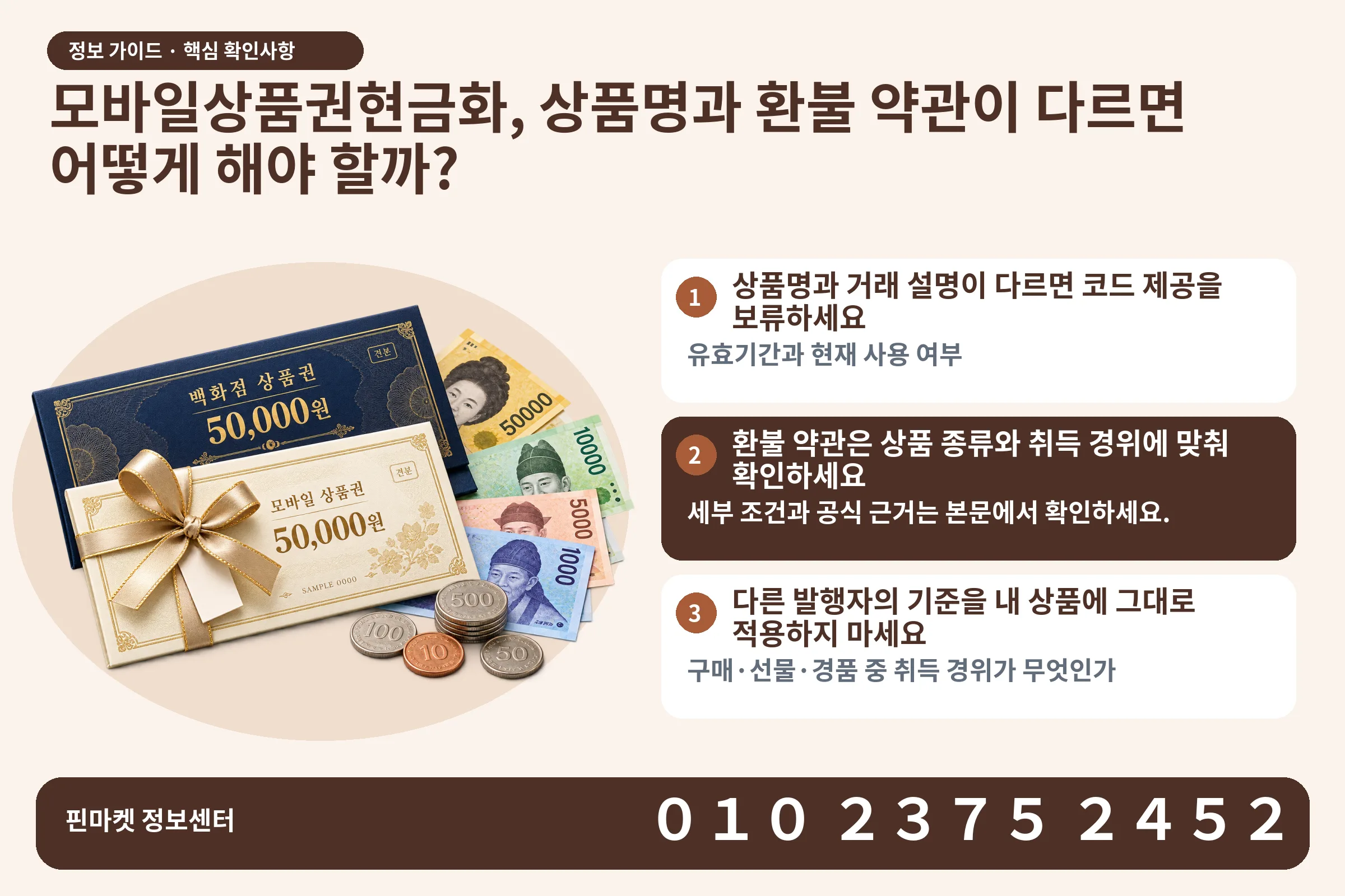 모바일상품권현금화, 상품명과 환불 약관이 다르면 어떻게 해야 할까? · 상품권 / 현금·동전 · 본문 확인사항: 상품명과 거래 설명이 다르면 코드 제공을 보류하세요; 환불 약관은 상품 종류와 취득 경위에 맞춰 확인하세요; 다른 발행자의 기준을 내 상품에 그대로 적용하지 마세요