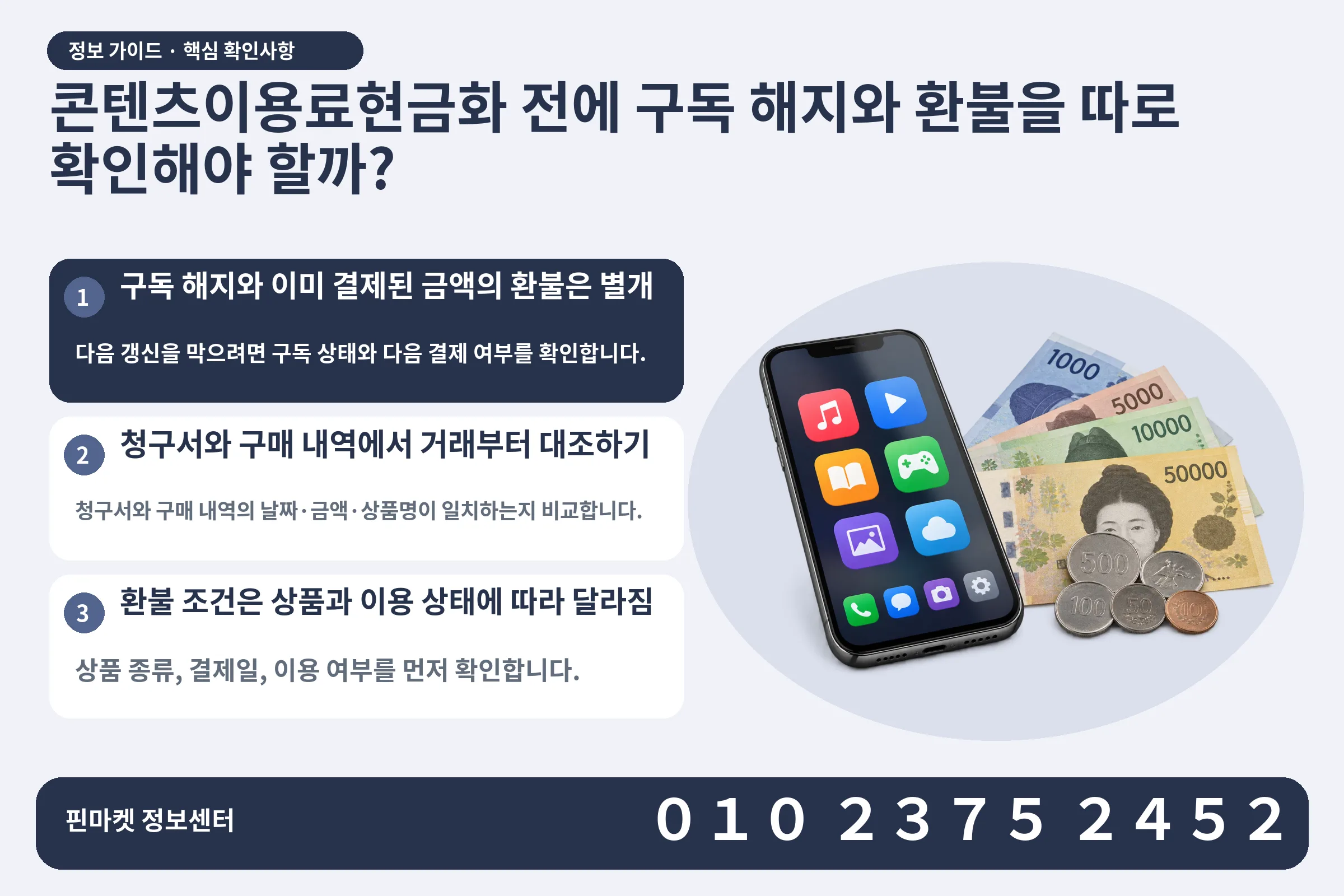 콘텐츠이용료현금화 전에 구독 해지와 환불을 따로 확인해야 할까? · 콘텐츠 결제 화면 / 현금·동전 · 본문 확인사항: 구독 해지와 이미 결제된 금액의 환불은 별개; 청구서와 구매 내역에서 거래부터 대조하기; 환불 조건은 상품과 이용 상태에 따라 달라짐
