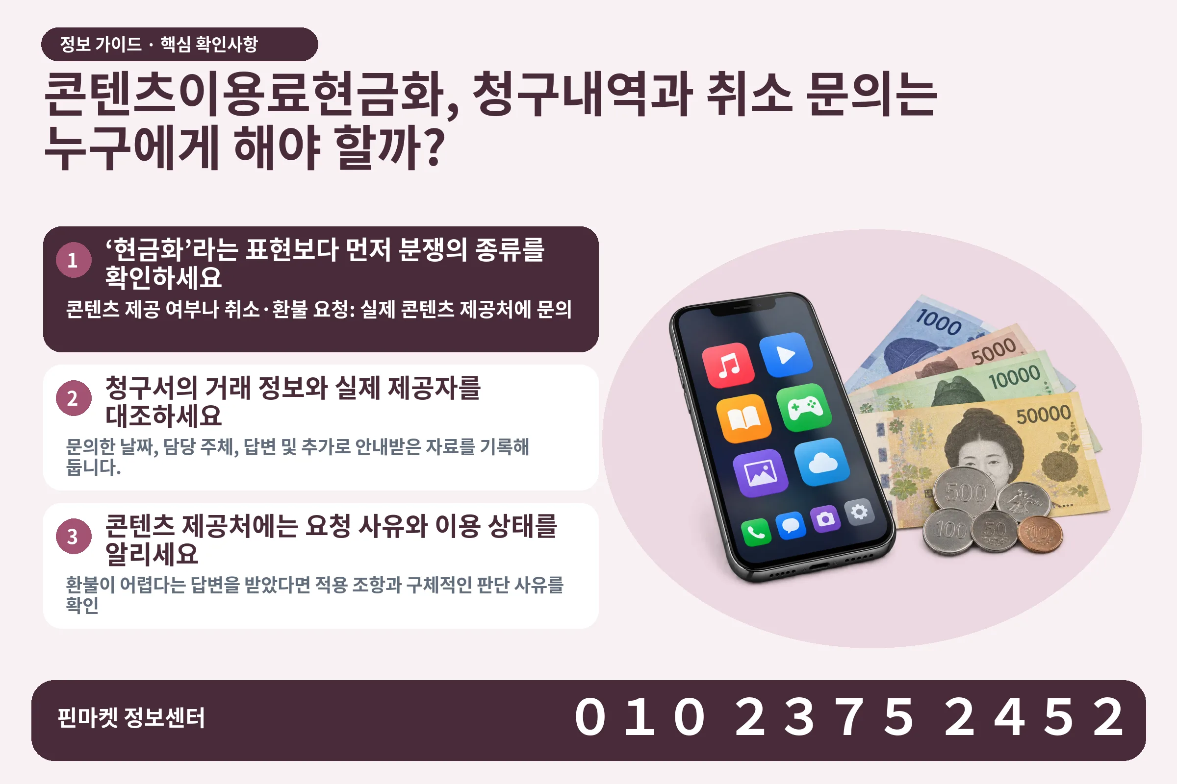 콘텐츠이용료현금화, 청구내역과 취소 문의는 누구에게 해야 할까? · 콘텐츠 결제 화면 / 현금·동전 · 본문 확인사항: ‘현금화’라는 표현보다 먼저 분쟁의 종류를 확인하세요; 청구서의 거래 정보와 실제 제공자를 대조하세요; 콘텐츠 제공처에는 요청 사유와 이용 상태를 알리세요