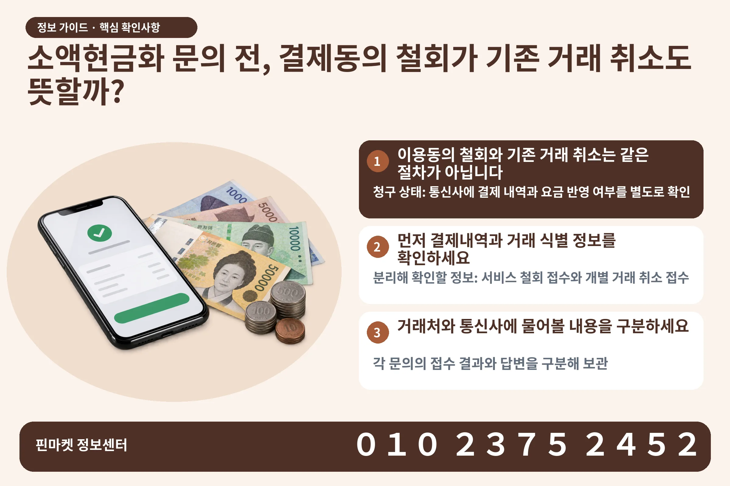소액현금화 문의 전, 결제동의 철회가 기존 거래 취소도 뜻할까? · 휴대폰 결제 화면 / 현금·동전 · 본문 확인사항: 이용동의 철회와 기존 거래 취소는 같은 절차가 아닙니다; 먼저 결제내역과 거래 식별 정보를 확인하세요; 거래처와 통신사에 물어볼 내용을 구분하세요