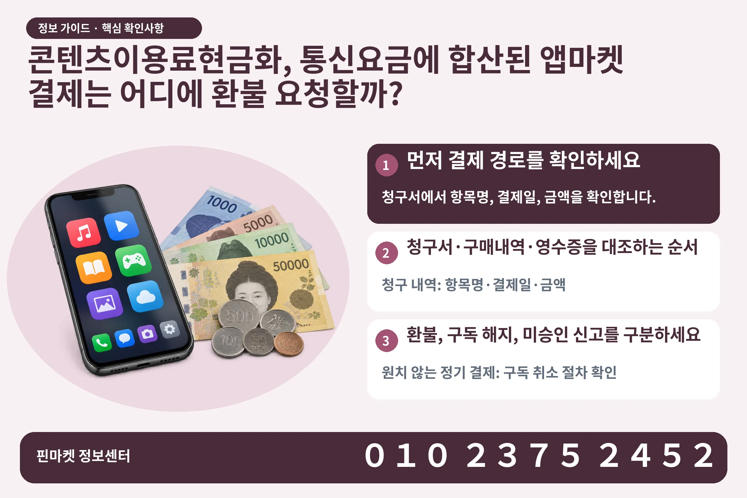 콘텐츠이용료현금화, 통신요금에 합산된 앱마켓 결제는 어디에 환불 요청할까? · 콘텐츠 결제 화면 / 현금·동전 · 본문 확인사항: 먼저 결제 경로를 확인하세요; 청구서·구매내역·영수증을 대조하는 순서; 환불, 구독 해지, 미승인 신고를 구분하세요