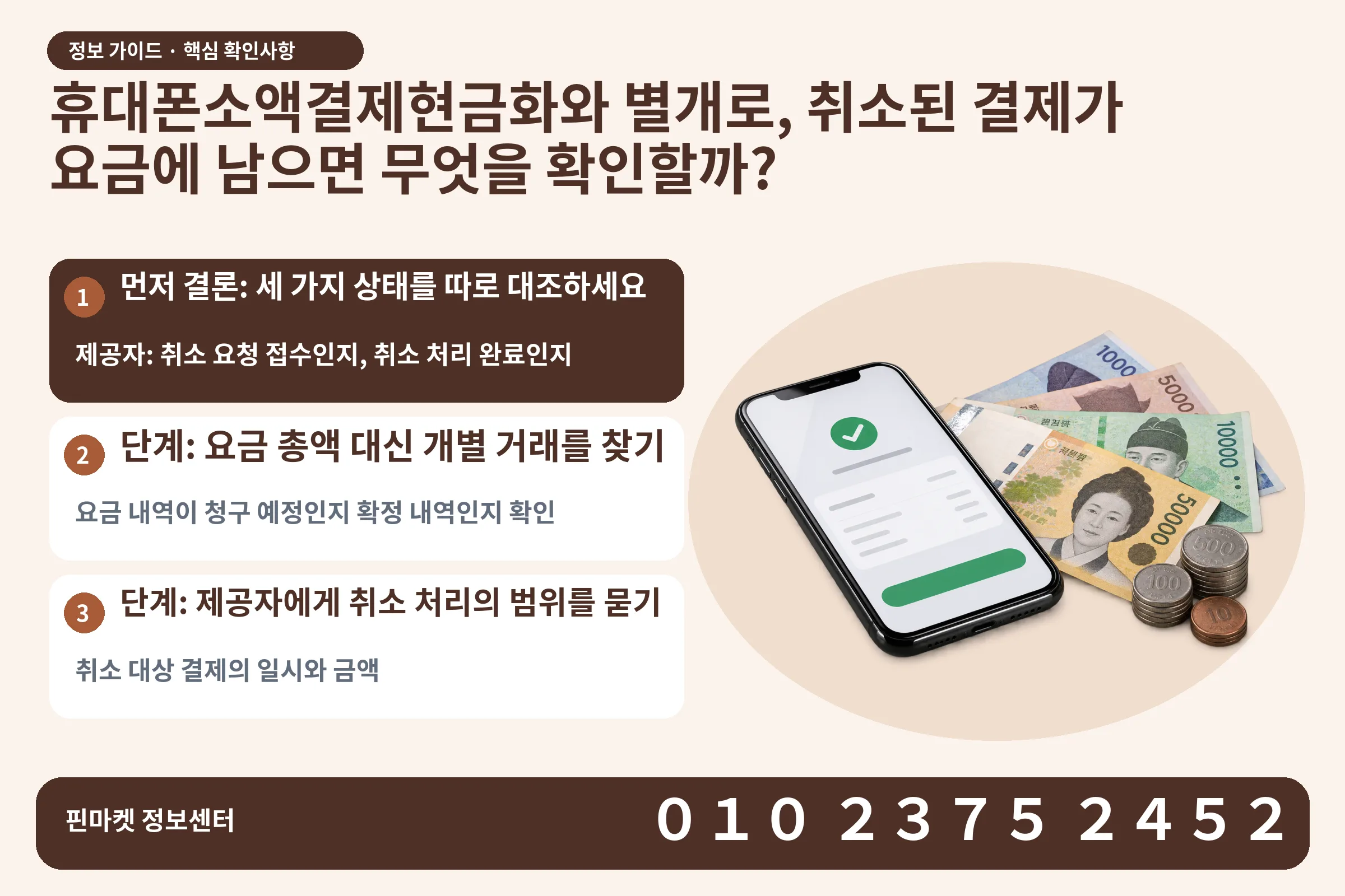 휴대폰소액결제현금화와 별개로, 취소된 결제가 요금에 남으면 무엇을 확인할까? · 휴대폰 결제 화면 / 현금·동전 · 본문 확인사항: 먼저 결론: 세 가지 상태를 따로 대조하세요; 단계: 요금 총액 대신 개별 거래를 찾기; 단계: 제공자에게 취소 처리의 범위를 묻기