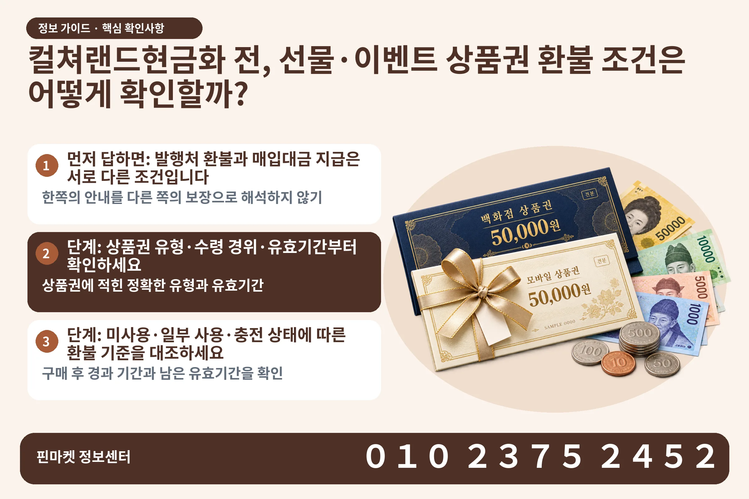 컬쳐랜드현금화 전, 선물·이벤트 상품권 환불 조건은 어떻게 확인할까? · 상품권 / 현금·동전 · 본문 확인사항: 먼저 답하면: 발행처 환불과 매입대금 지급은 서로 다른 조건입니다; 단계: 상품권 유형·수령 경위·유효기간부터 확인하세요; 단계: 미사용·일부 사용·충전 상태에 따른 환불 기준을 대조하세요