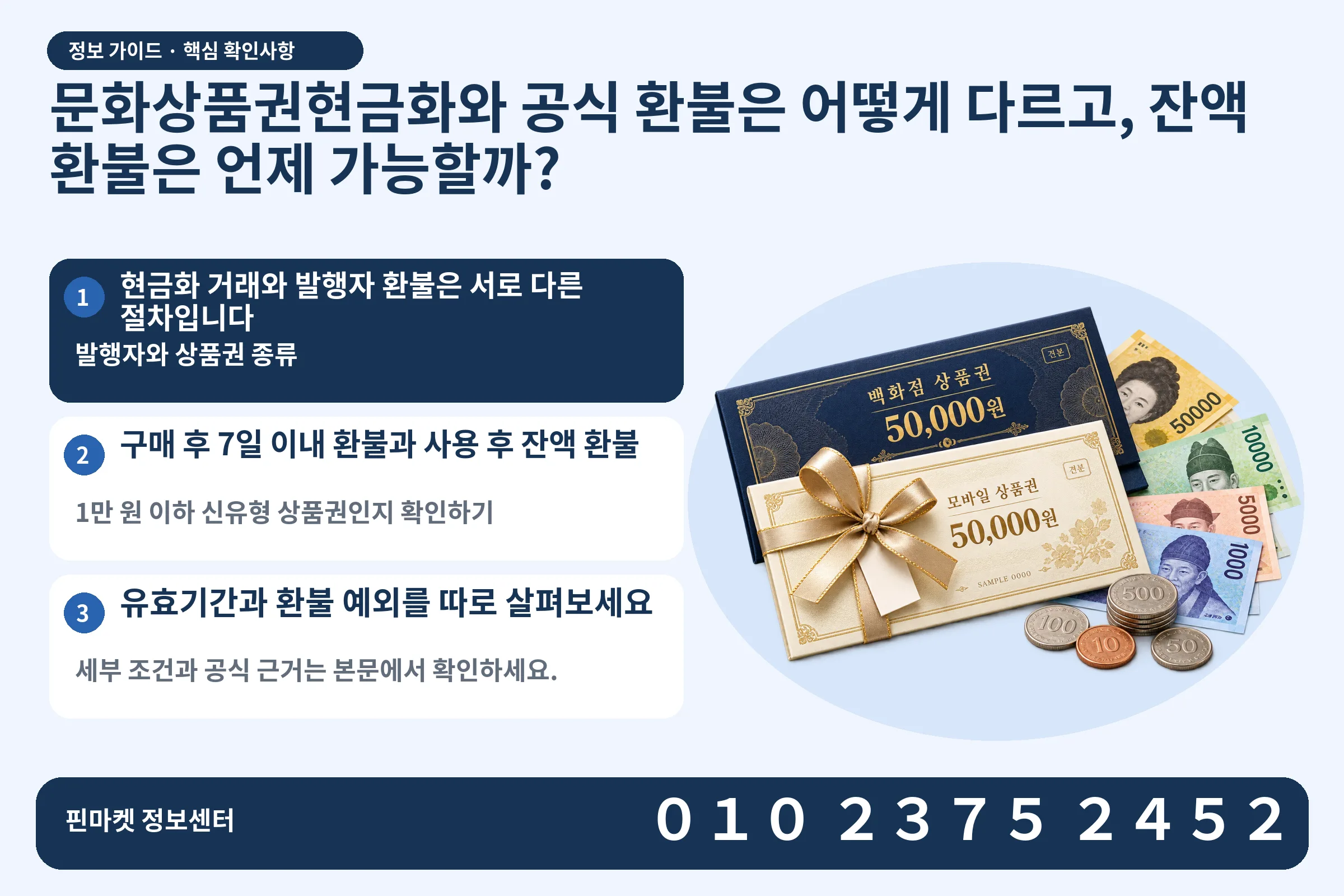 문화상품권현금화와 공식 환불은 어떻게 다르고, 잔액 환불은 언제 가능할까? · 상품권 / 현금·동전 · 본문 확인사항: 현금화 거래와 발행자 환불은 서로 다른 절차입니다; 구매 후 7일 이내 환불과 사용 후 잔액 환불; 유효기간과 환불 예외를 따로 살펴보세요