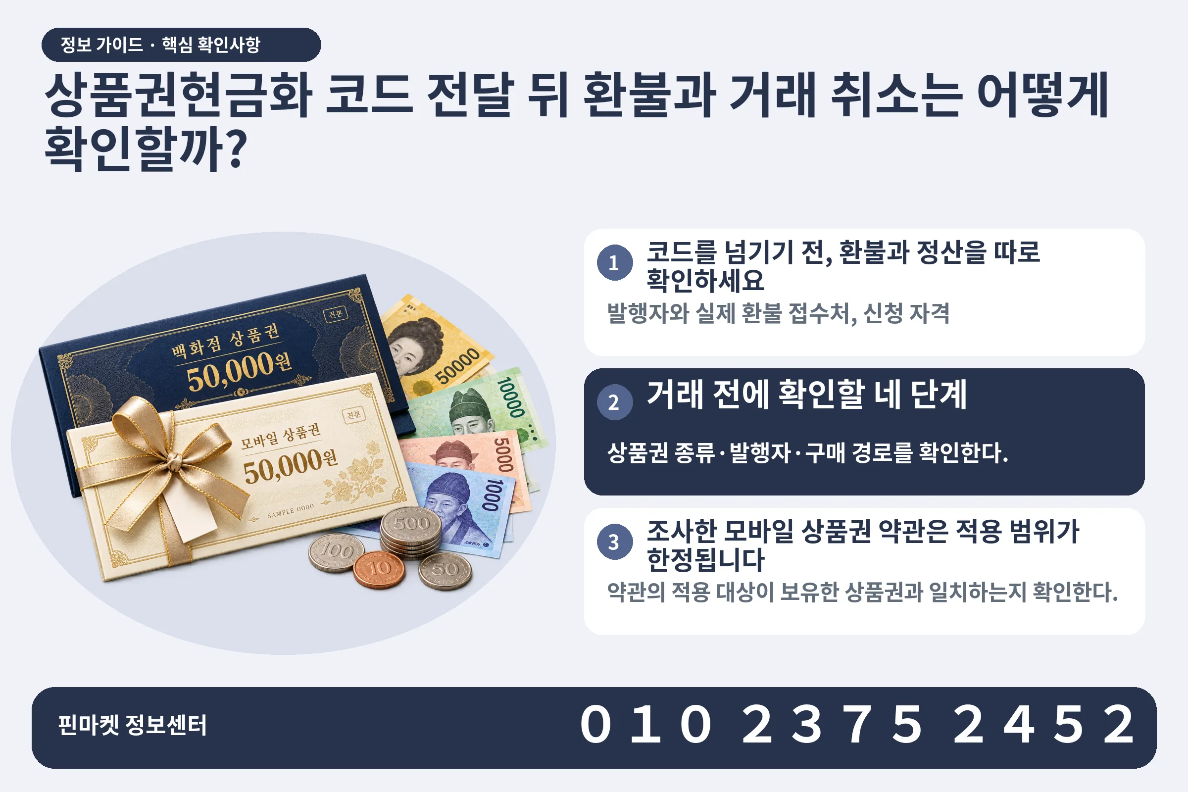 상품권현금화 코드 전달 뒤 환불과 거래 취소는 어떻게 확인할까? · 상품권 / 현금·동전 · 본문 확인사항: 코드를 넘기기 전, 환불과 정산을 따로 확인하세요; 거래 전에 확인할 네 단계; 조사한 모바일 상품권 약관은 적용 범위가 한정됩니다