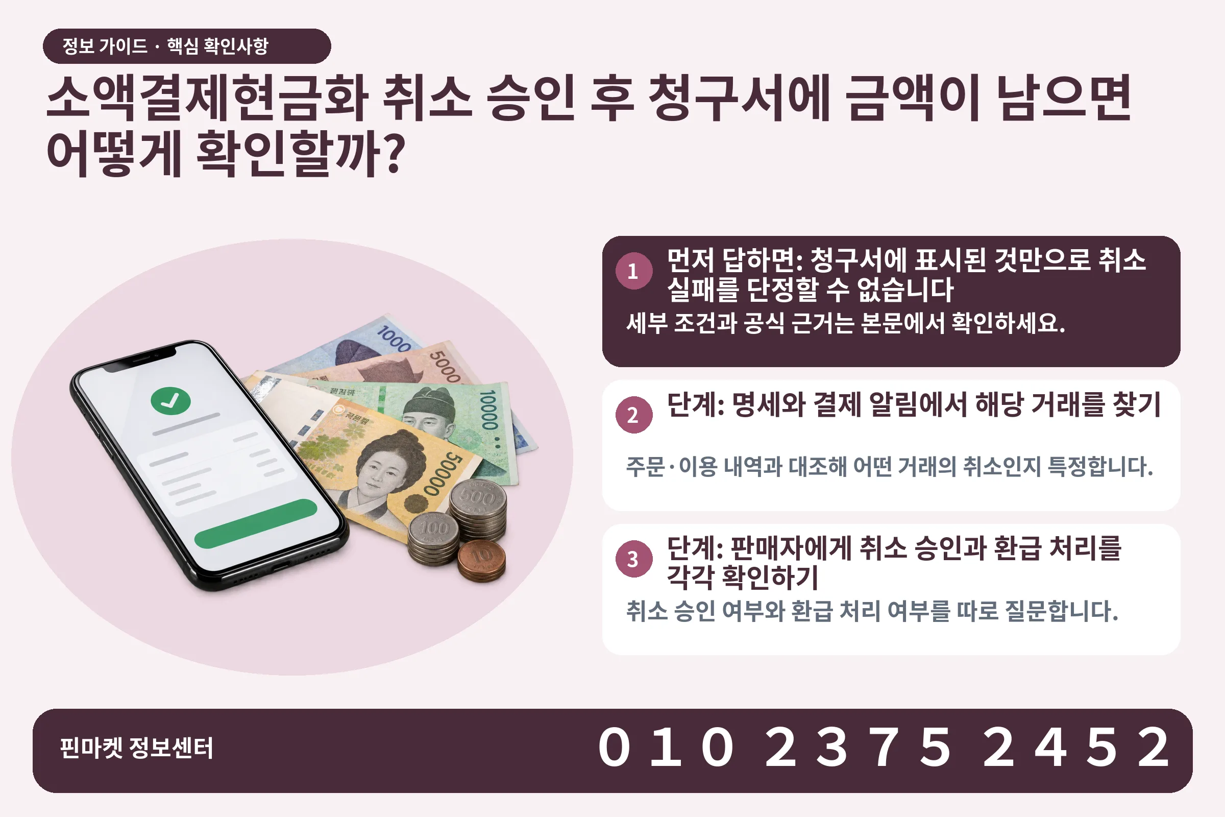 소액결제현금화 취소 승인 후 청구서에 금액이 남으면 어떻게 확인할까? · 휴대폰 결제 화면 / 현금·동전 · 본문 확인사항: 먼저 답하면: 청구서에 표시된 것만으로 취소 실패를 단정할 수 없습니다; 단계: 명세와 결제 알림에서 해당 거래를 찾기; 단계: 판매자에게 취소 승인과 환급 처리를 각각 확인하기