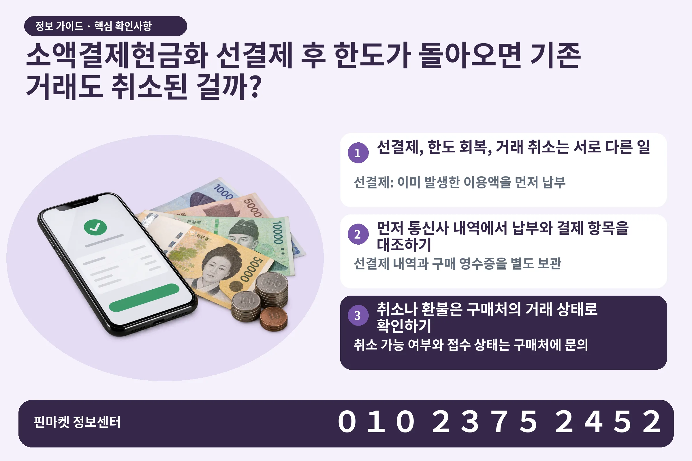 소액결제현금화 선결제 후 한도가 돌아오면 기존 거래도 취소된 걸까? · 휴대폰 결제 화면 / 현금·동전 · 본문 확인사항: 선결제, 한도 회복, 거래 취소는 서로 다른 일; 먼저 통신사 내역에서 납부와 결제 항목을 대조하기; 취소나 환불은 구매처의 거래 상태로 확인하기