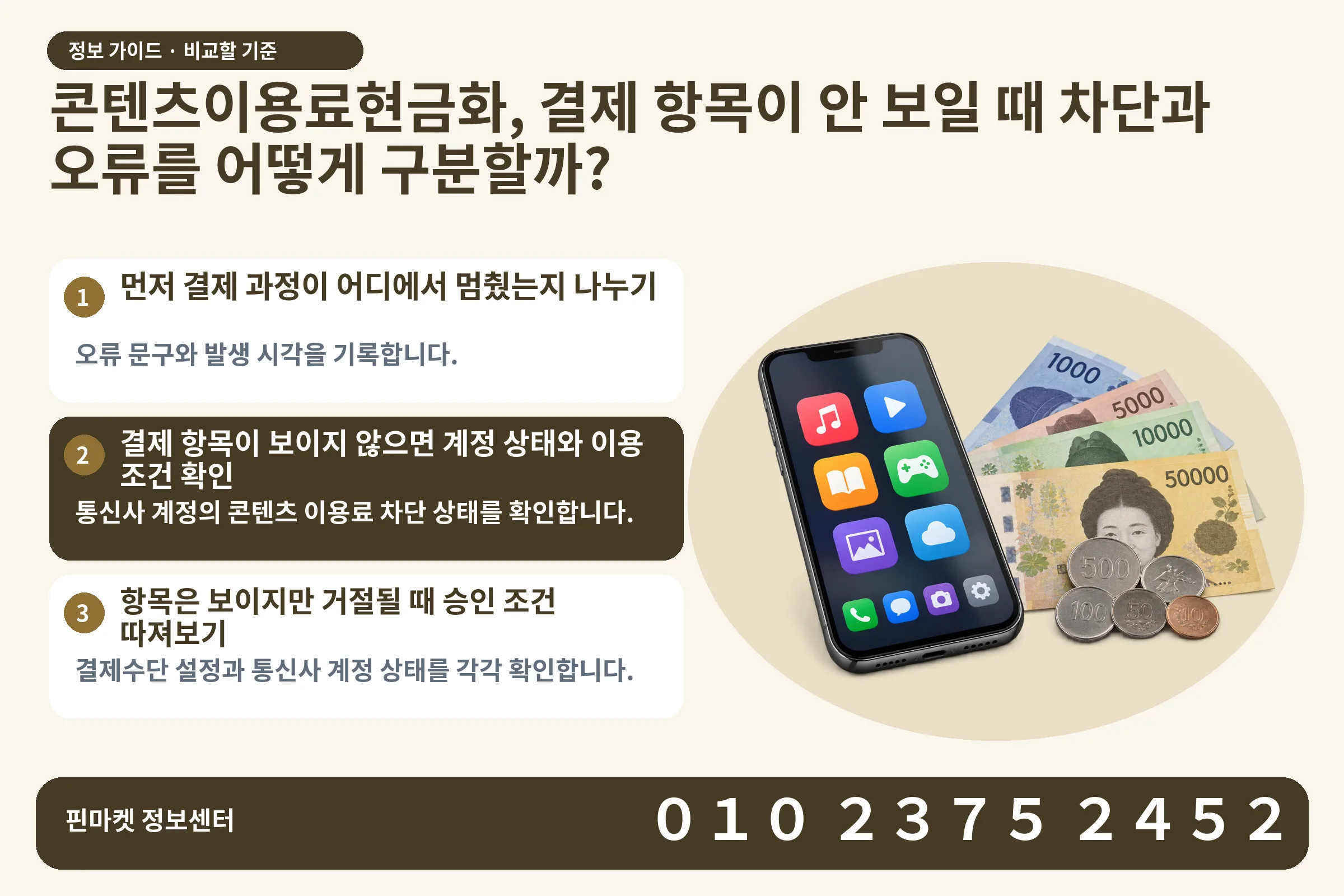 콘텐츠이용료현금화, 결제 항목이 안 보일 때 차단과 오류를 어떻게 구분할까? · 콘텐츠 결제 화면 / 현금·동전 · 본문 확인사항: 먼저 결제 과정이 어디에서 멈췄는지 나누기; 결제 항목이 보이지 않으면 계정 상태와 이용 조건 확인; 항목은 보이지만 거절될 때 승인 조건 따져보기