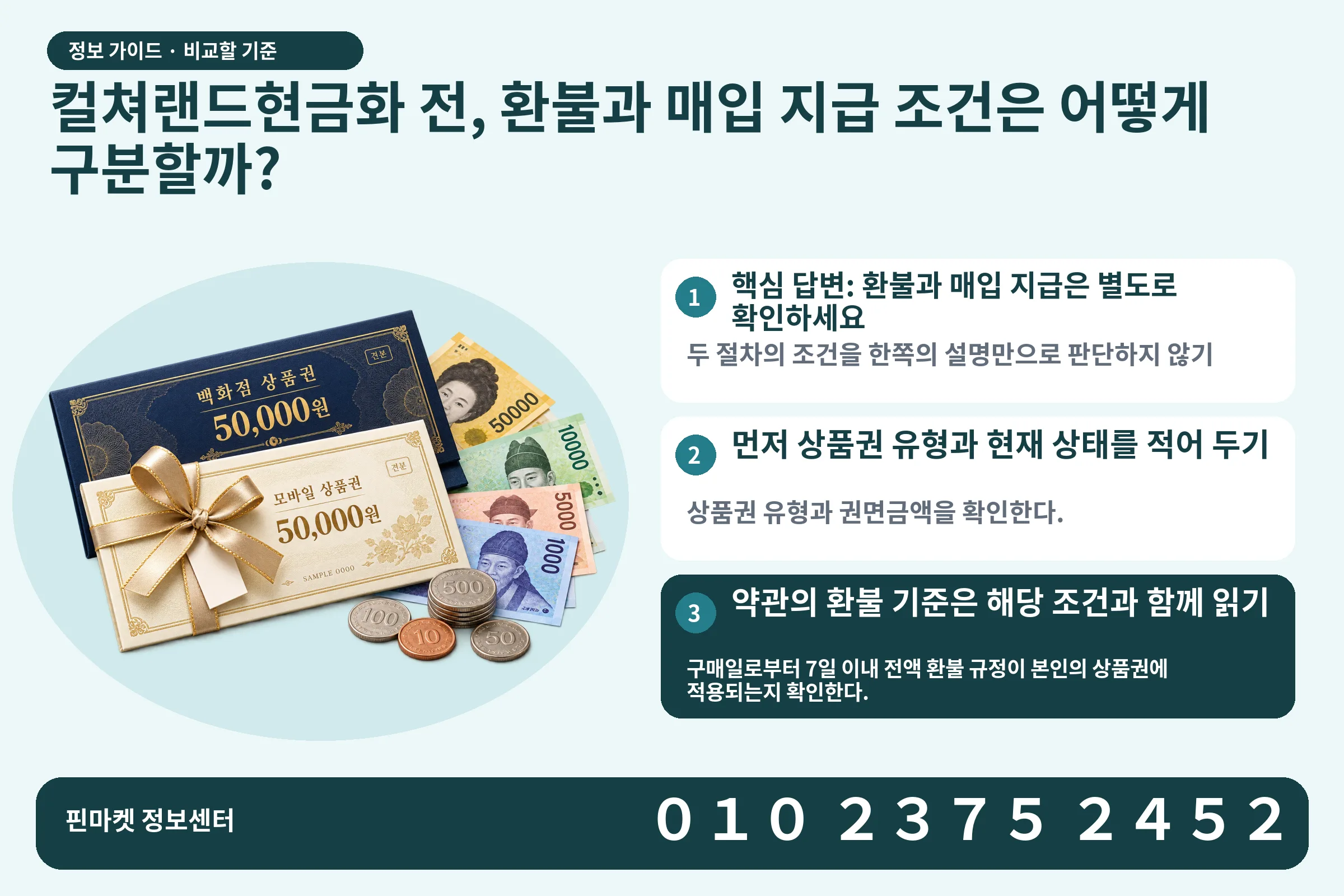 컬쳐랜드현금화 전, 환불과 매입 지급 조건은 어떻게 구분할까? · 상품권 / 현금·동전 · 본문 확인사항: 핵심 답변: 환불과 매입 지급은 별도로 확인하세요; 먼저 상품권 유형과 현재 상태를 적어 두기; 약관의 환불 기준은 해당 조건과 함께 읽기