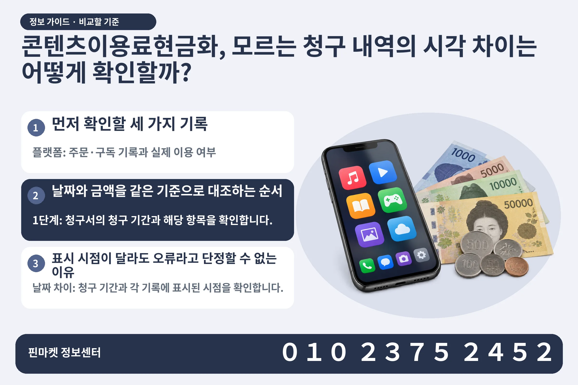 콘텐츠이용료현금화, 모르는 청구 내역의 시각 차이는 어떻게 확인할까? · 콘텐츠 결제 화면 / 현금·동전 · 본문 확인사항: 먼저 확인할 세 가지 기록; 날짜와 금액을 같은 기준으로 대조하는 순서; 표시 시점이 달라도 오류라고 단정할 수 없는 이유