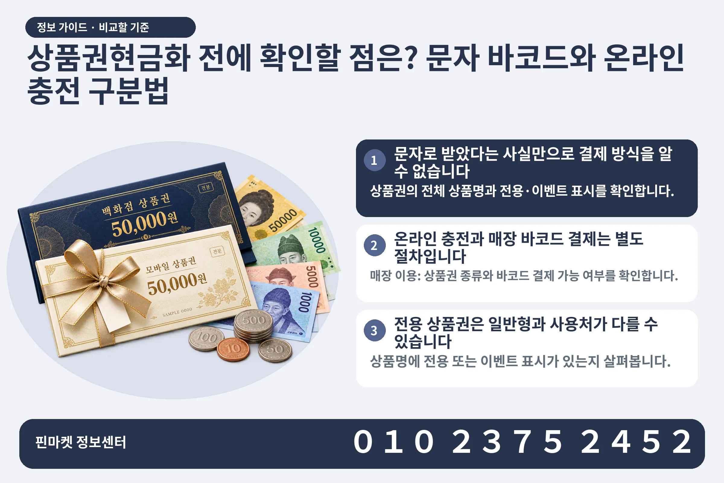 상품권현금화 전에 확인할 점은? 문자 바코드와 온라인 충전 구분법 · 상품권 / 현금·동전 · 본문 확인사항: 문자로 받았다는 사실만으로 결제 방식을 알 수 없습니다; 온라인 충전과 매장 바코드 결제는 별도 절차입니다; 전용 상품권은 일반형과 사용처가 다를 수 있습니다
