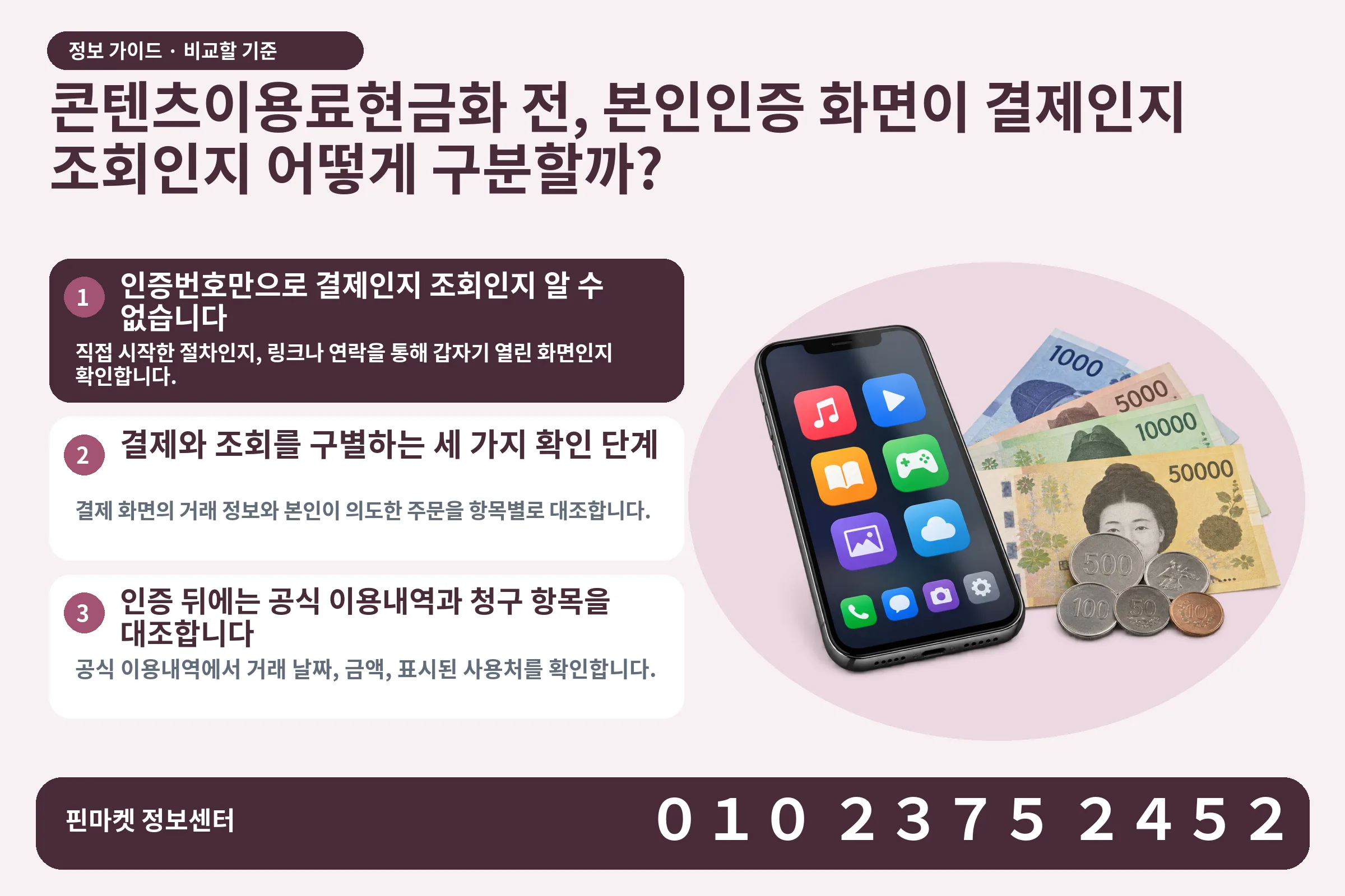 콘텐츠이용료현금화 전, 본인인증 화면이 결제인지 조회인지 어떻게 구분할까? · 콘텐츠 결제 화면 / 현금·동전 · 본문 확인사항: 인증번호만으로 결제인지 조회인지 알 수 없습니다; 결제와 조회를 구별하는 세 가지 확인 단계; 인증 뒤에는 공식 이용내역과 청구 항목을 대조합니다